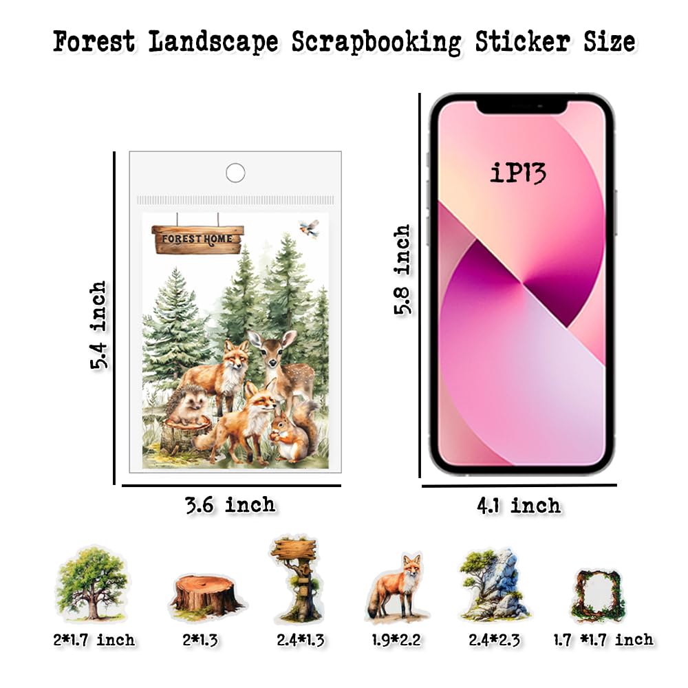 Dwpetzo 150Pcs PET Forest Landscape Stickers for Journaling and Scrapbooking, 6 Themes with Pine Trees Woodland Animals Wooden Stumps Moss Nature Scene Stickers for Junk Journal Supplies, Collage