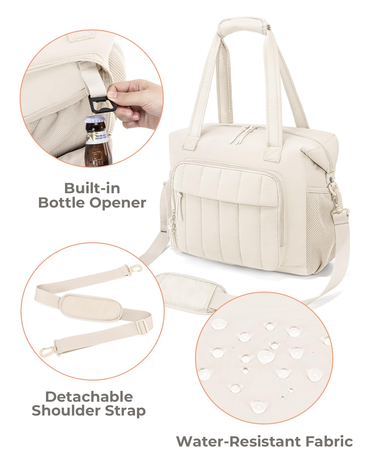 Puffer Cooler Bag 35 Cans Insulated Soft Cooler for Women Lightweight Ice Chest Leakproof & Portable Lunch Coolers for Picnic, Beach, Camping, Work, Travel, Trip (Beige)