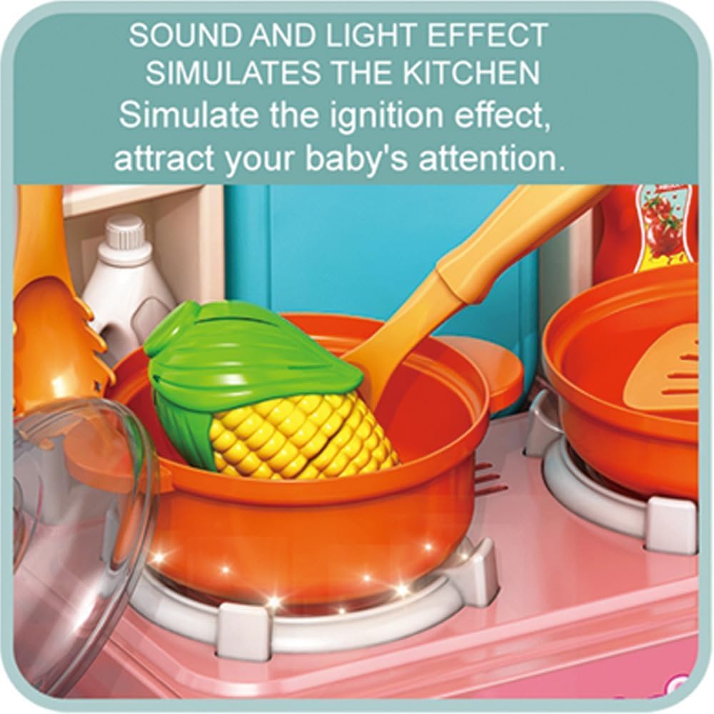 R REVA Cooking Kitchen Set Toy - 33PCS Mini Kitchen Playset for Kids with Water Spray, Light & Sound Effects - Toddler Pretend Play Appliances, Sink & Miniature Food, Educational Gift for Girls & Boys