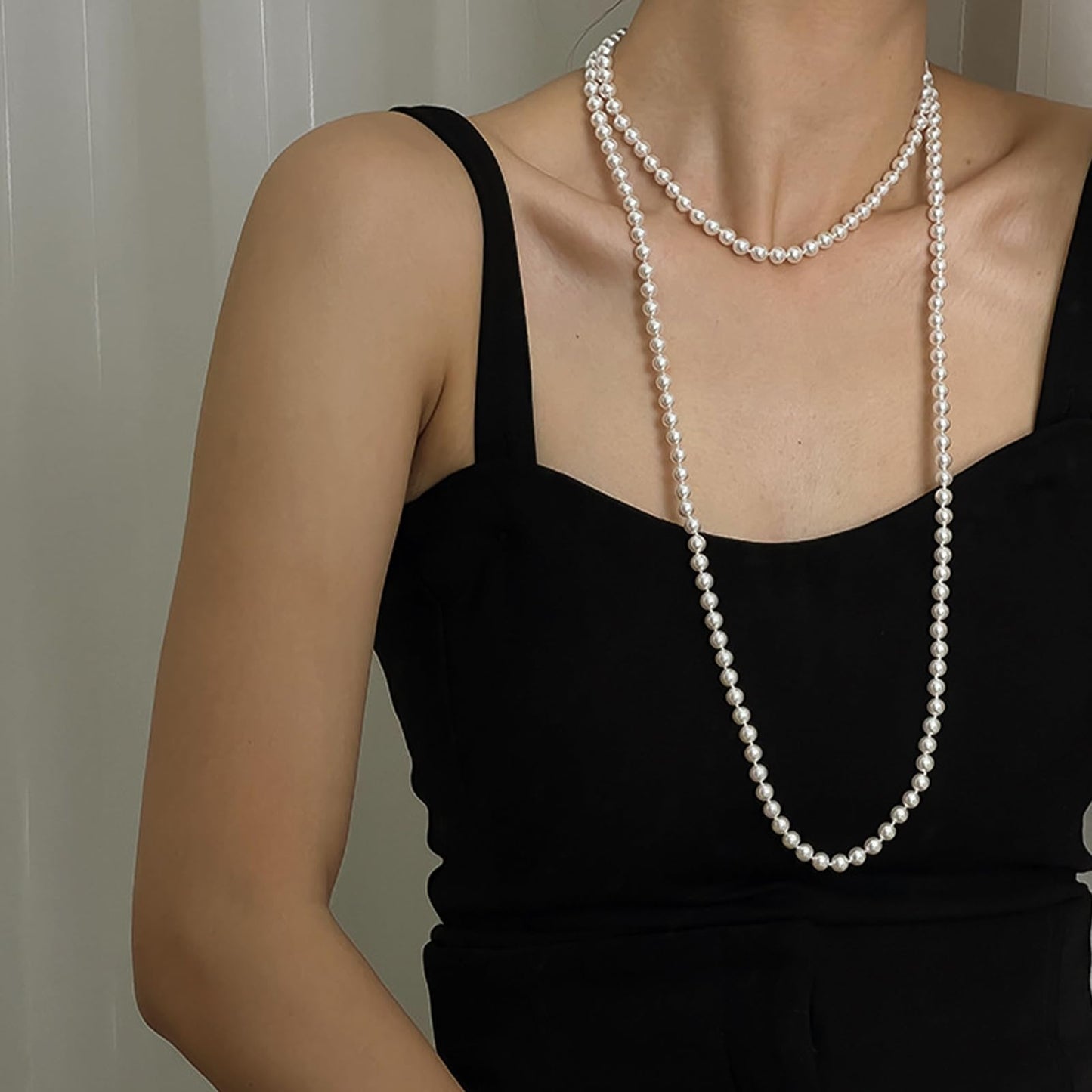 Zeffy Long Pearl Necklaces for Women Faux Cream White Pearl Strand Layered Necklace 1920s Gatsby Costume Jewelry