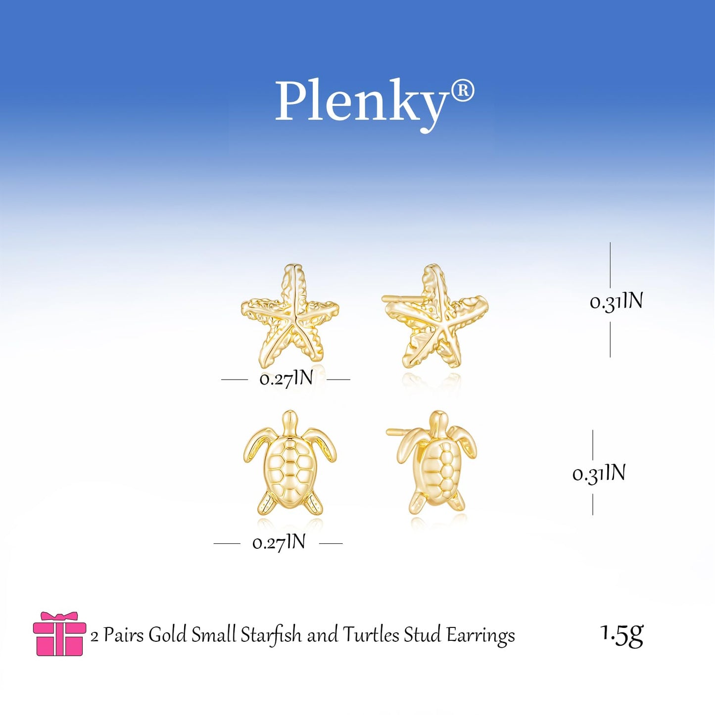 Plenky Gold Earrings for Women - 2 Pairs 14K Gold Plated Small Starfish and Sea Turtle Stud Earrings Set Beachy Jewelry for Women Gifts