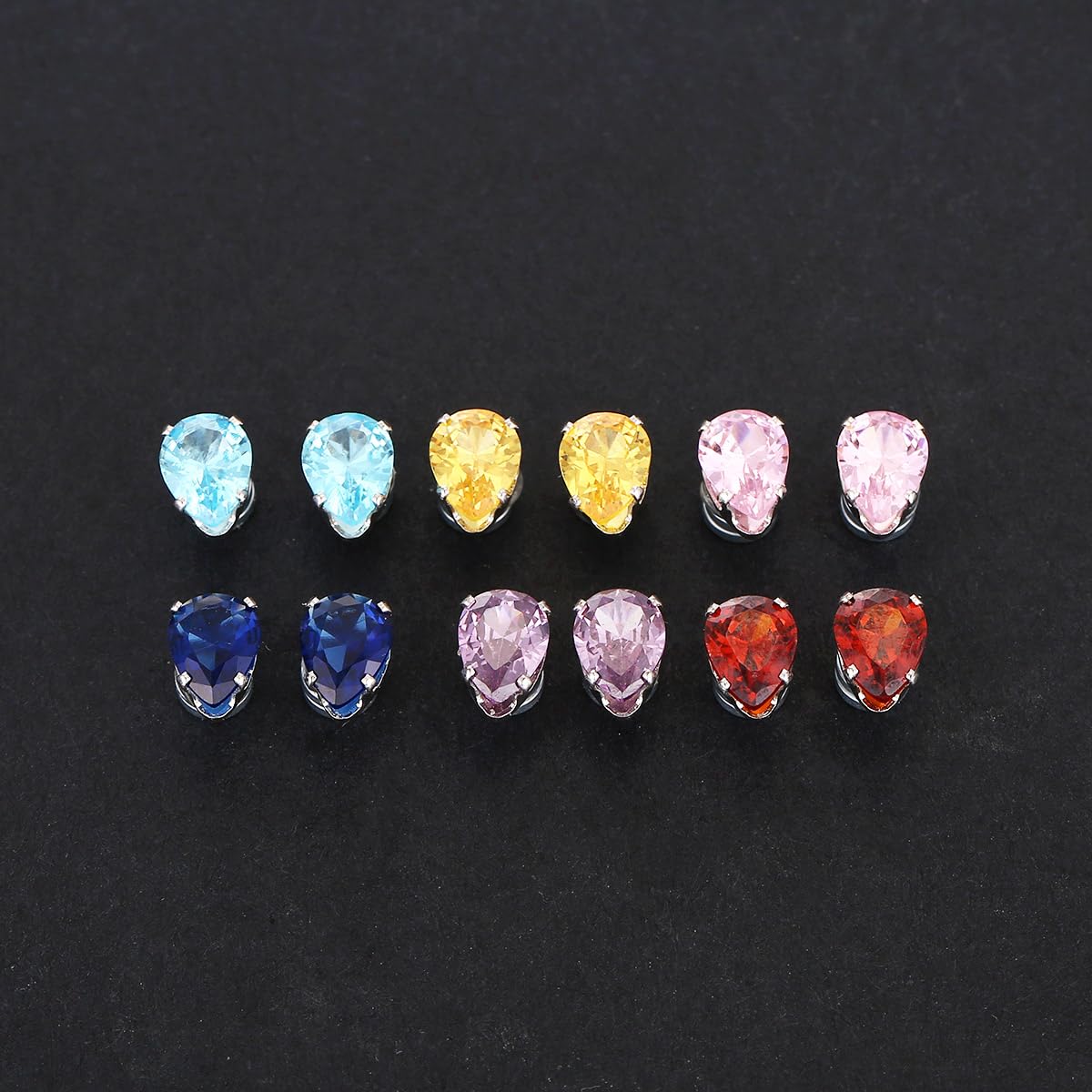 Spiritlele 12 Pairs Birthstone Magnetic Earrings Set Cubic Zirconia Clip on Non Piercing Fake Stud Earrings Birthday Gifts Unisex (Teardrop)