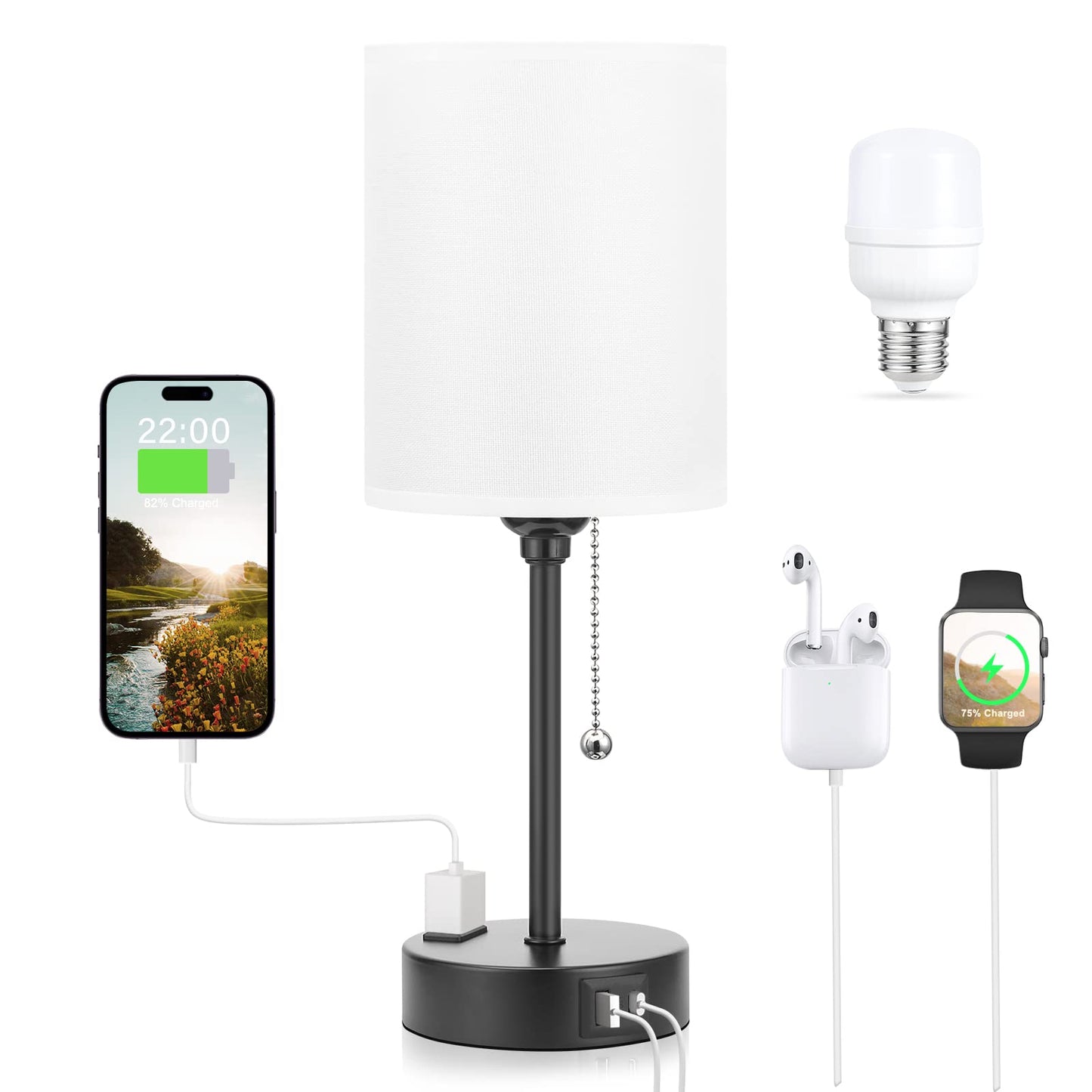 Small Bedside Table lamp for Bedroom - 3 Color Temperatures Bedside Lamps with USB C and A Ports, Pull Chain Table Lamps with AC Outlet, White Nightstand Lamps with Black Metal Base for Kids Reading