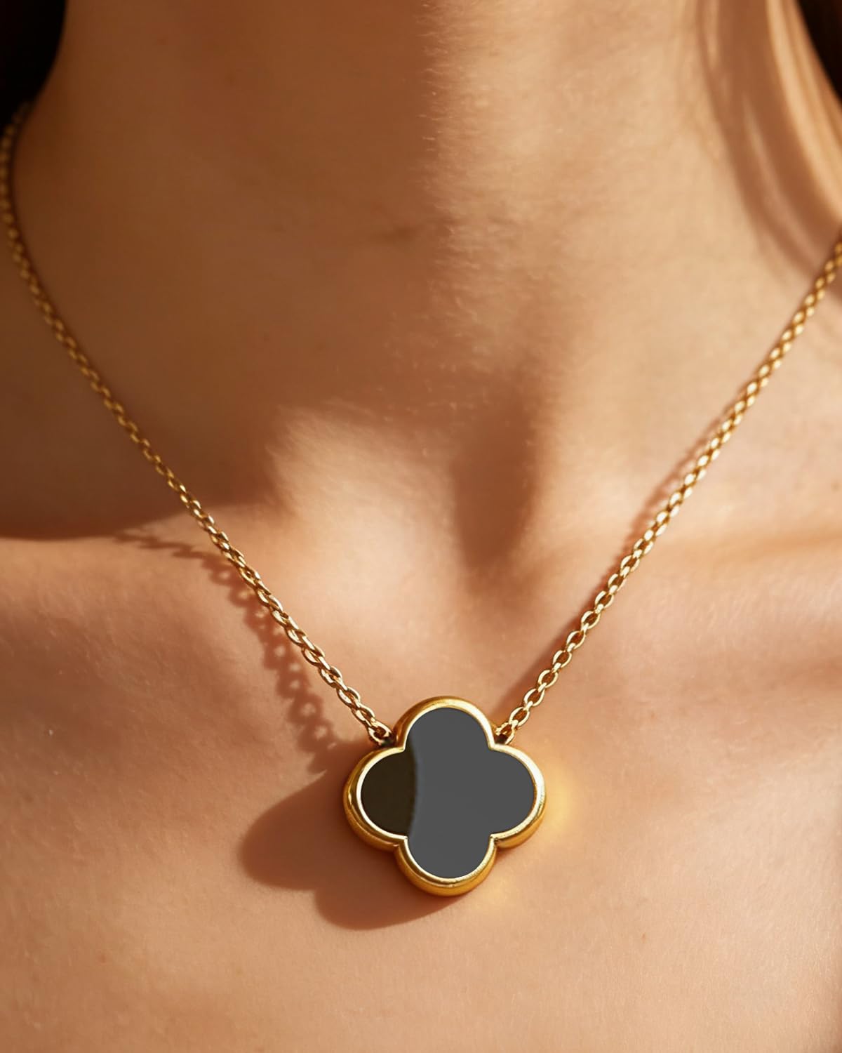 Aimétte Monette 18K Gold Plated Necklaces for Women, Dainty Lucky Four Leaf Clover Gold Necklace Set 2 Side Clover Charm Necklace, Fashion Jewelry Gifts for Women Black and White