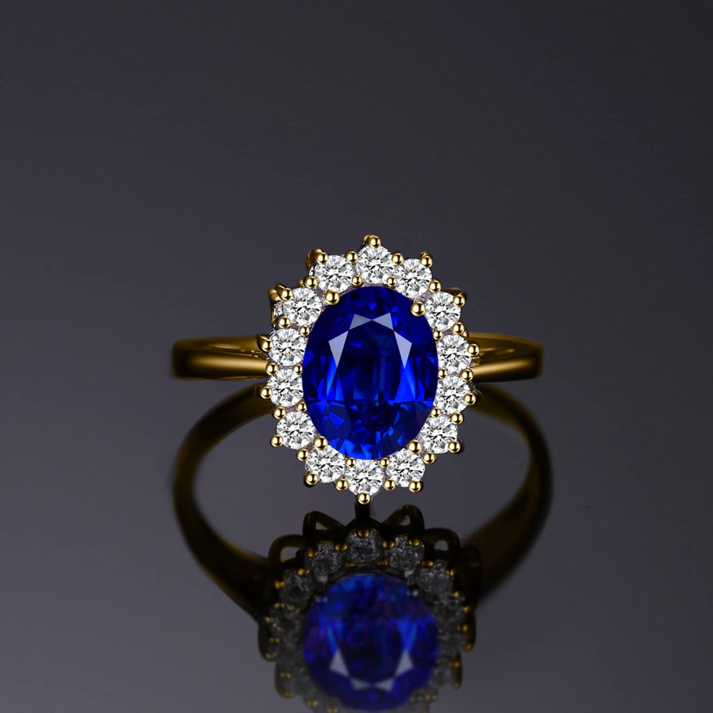 JewelryPalace Princess Diana Kate Middleton Gemstone Birthstone Royal Blue Created Spinel Halo Statement Engagement Rings for Women, 14K Yellow Gold Plated Promise Rings for Her Size 10.5