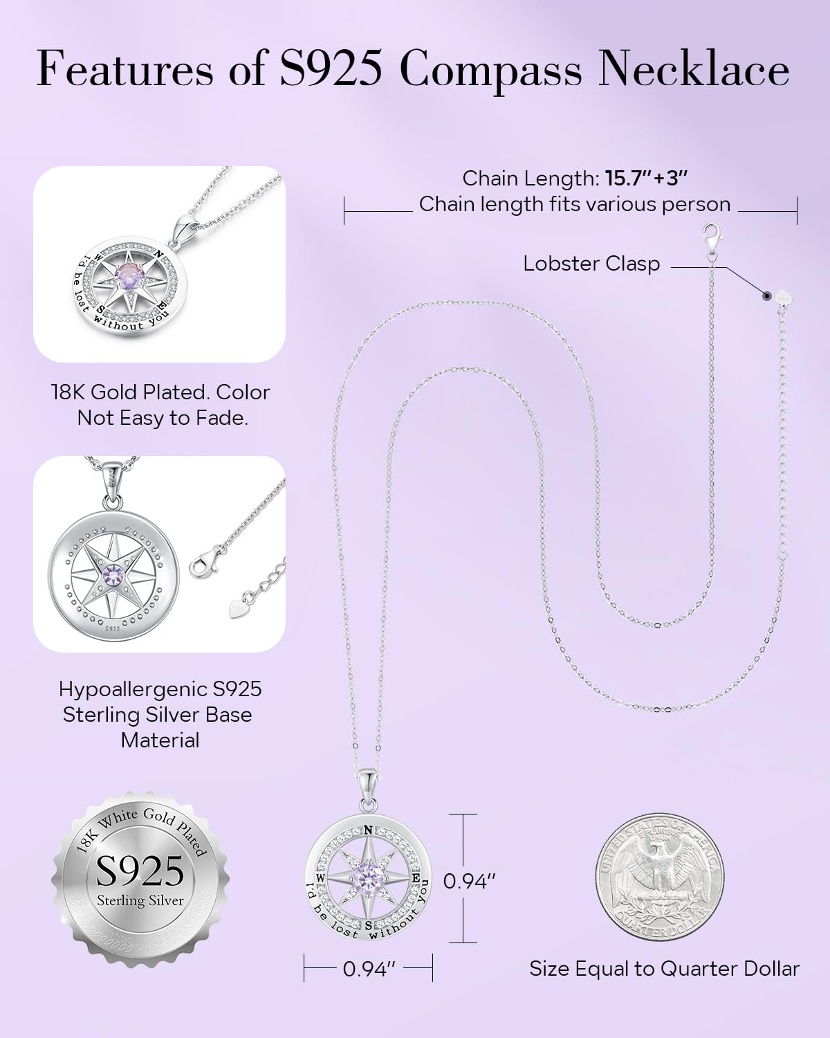 S925 Sterling Silver Necklace for Wife, Women Anniversary Year Gifts Compass Jewelry, Birthday Gift Ideas for Her Girlfriend Woman Necklaces, 18K White Gold June