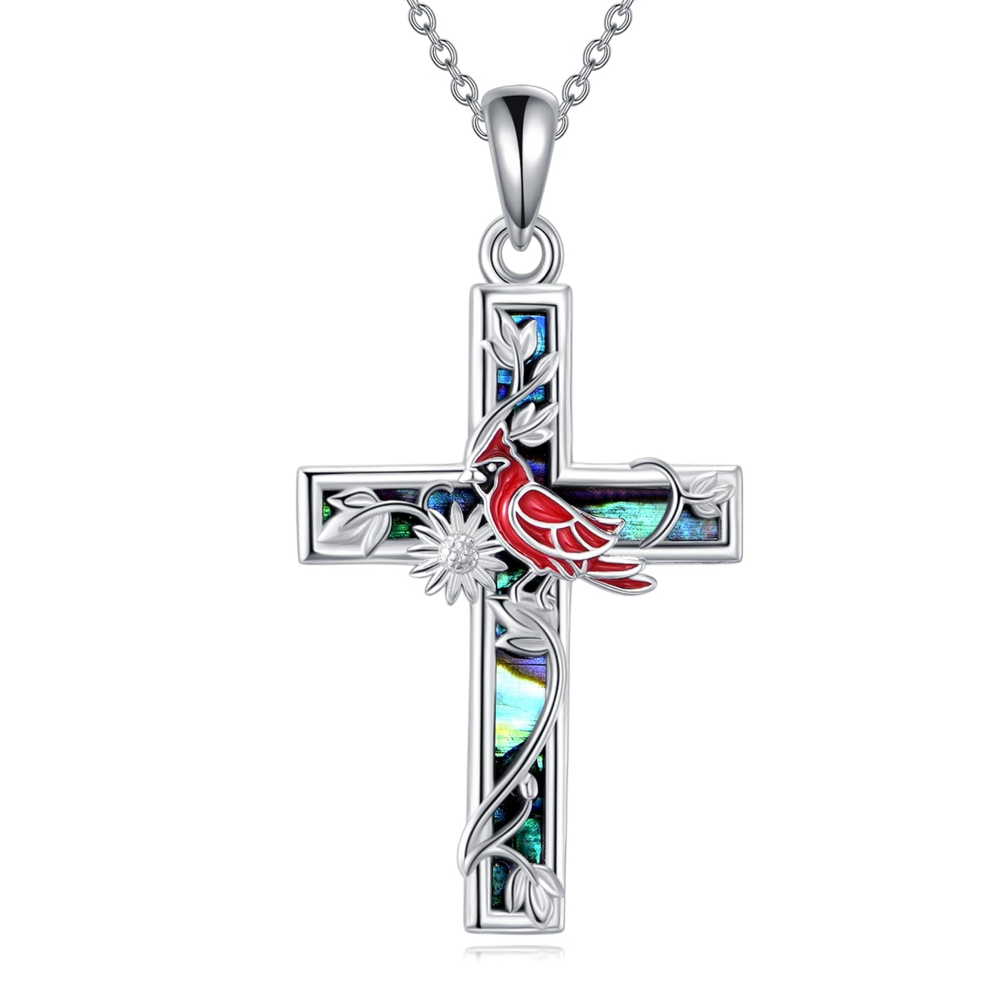 YFN Sunflower Cross Necklace Sterling Silver Red Cardinal Cross Pendant Abalone Shell Jewelry Religious Christian Baptism Gifts for Her Women