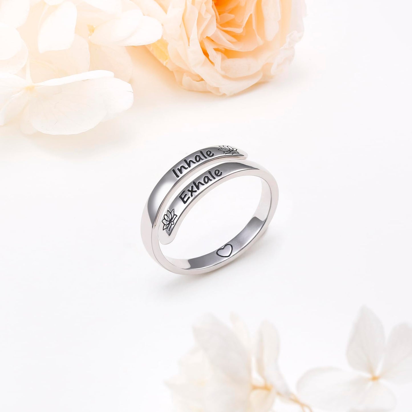 Ladytree Adjustable Inspirational Rings 925 Sterling Silver Yoga Lotus Flower Stacking Wrap Spiral Twist Statement Band Encouragement Hope Ring Jewelry for Women Men(Inhale Exhale)