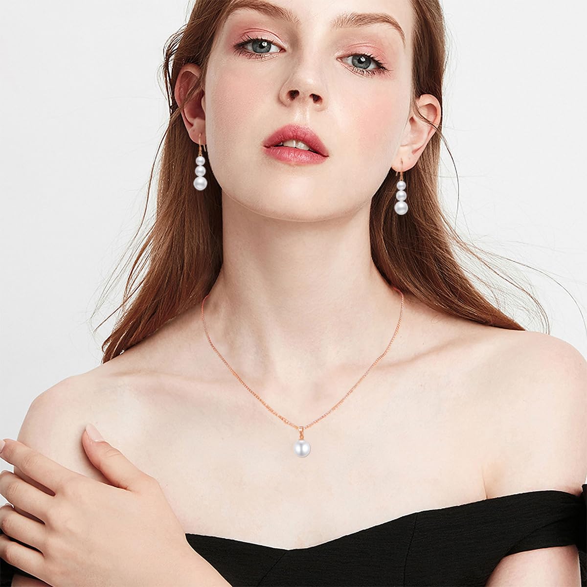 14k Rose Gold Freshwater Cultured Pearl Necklace and Dangle Earrings Set for Women