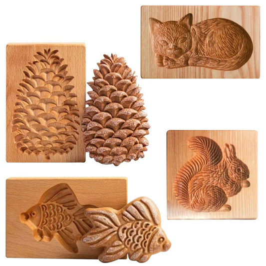 4 Pieces Wooden Cookie Molds Biscuit Carved Wooden Mould DIY Cookie Stamps Cookie Cutter Funny 3D Press Embossing Mold Animal Pattern Baking Tool