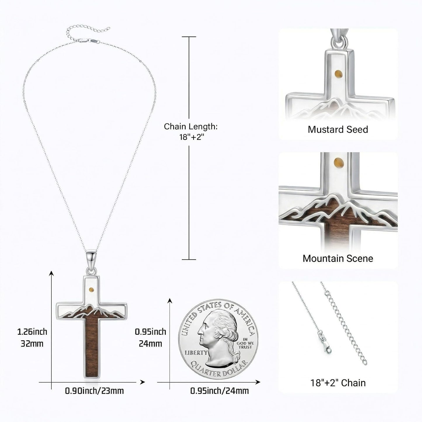 Suiknsn Mustard Seed Necklace 925 Sterling Silver Wooden Cross Necklace Cross Mountain Pendant Religious Christian Jewelry Hiking Gifts for Women Mom