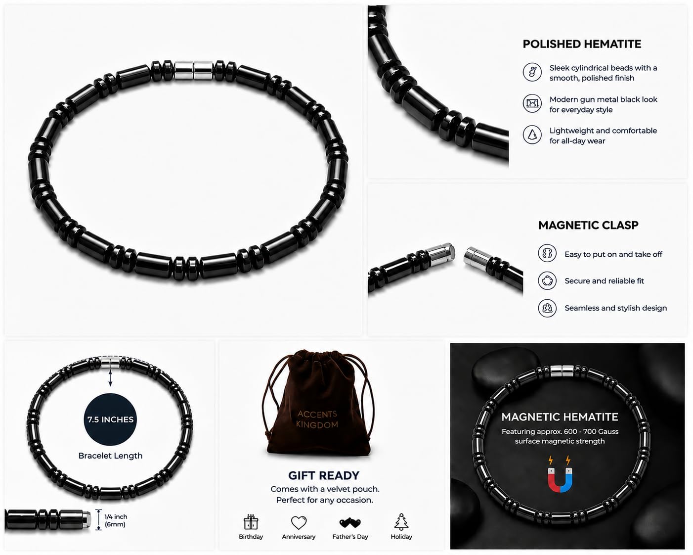 Accents Kingdom Men's Magnetic Hematite Cylindrical Bead Bracelet, 7.5"