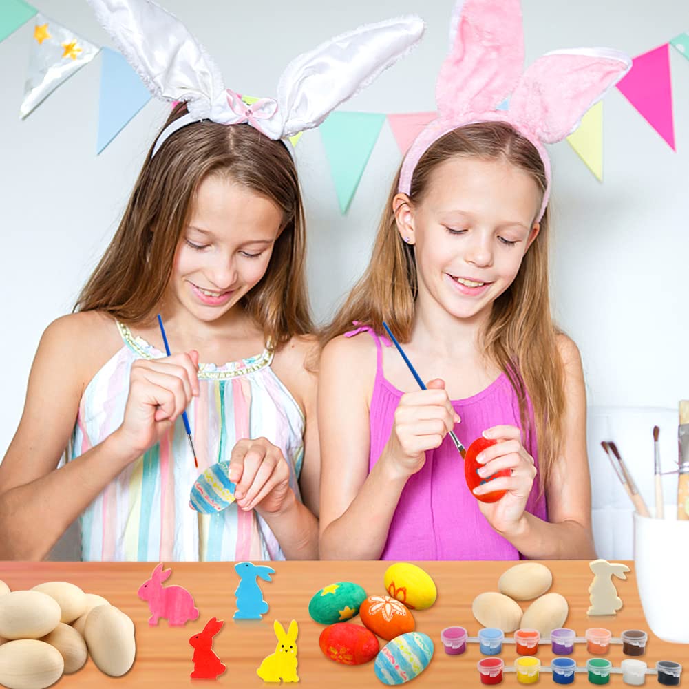 Worgree Easter Egg Painting Kit, 24pcs Wooden Eggs and Bunny for Easter Crafts Basket Stuffers Gifts for Kids Toddlers Boys Girls Ages 4-8 8-12 Birthday Party Favors Classroom Prizes DIY Decor