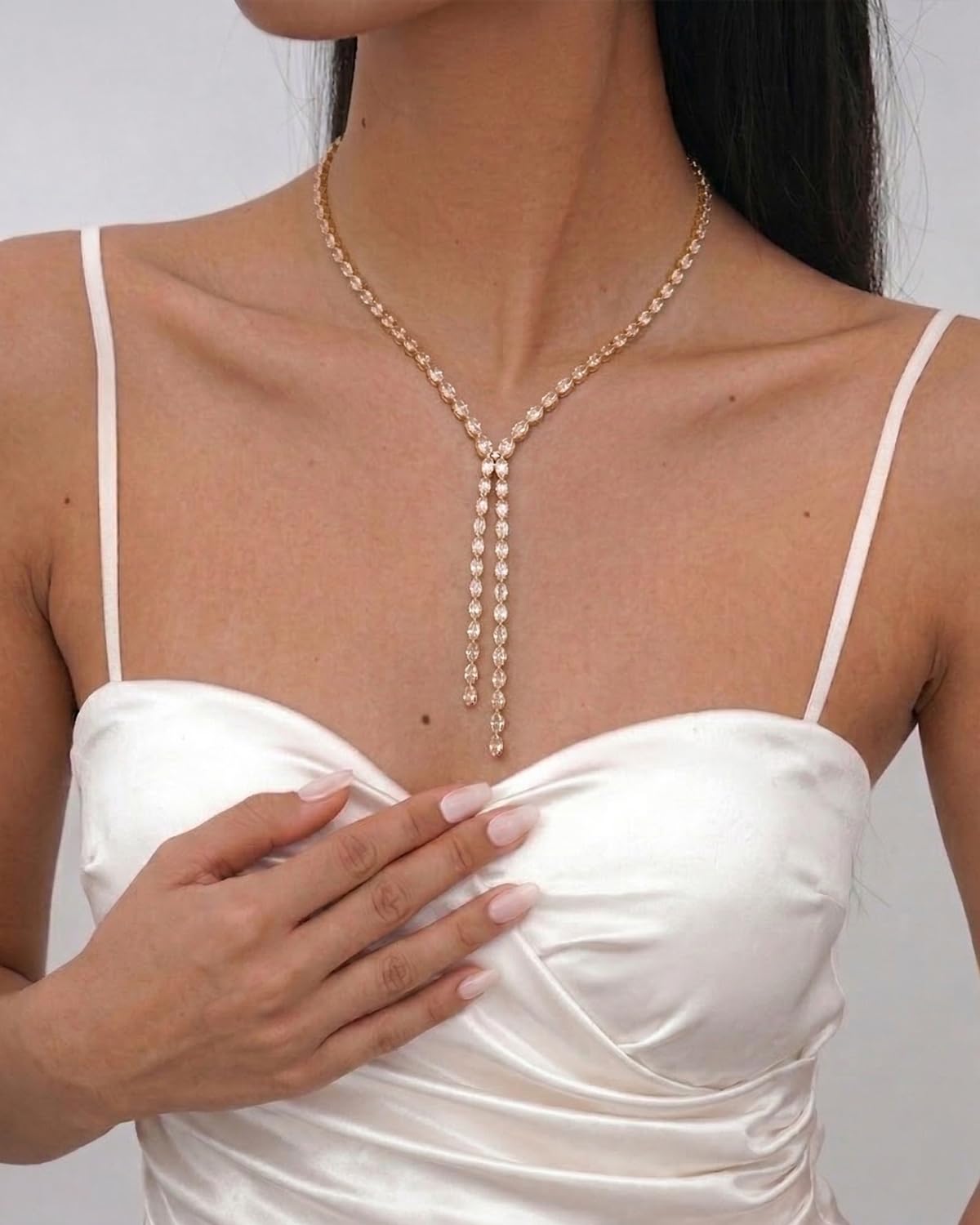 STONEFANS Rhinestone Long Necklaces for Women - Dainty Rhinestone Gold Drop Lariat Y Necklace for Women Simple Cute Long Gold Necklaces Bridal Prom Accessories Jewelry Wedding Gifts