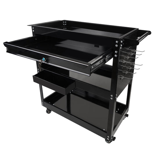 BHB 3 Tier Rolling Tool Cart Box On Wheels with Lockable Drawer, Heavy Duty Capability Tool Cart for Mechanics, Large Storage Organizer Utility Cart, for Garage Warehouse Repair Shop, 350 Lbs Load