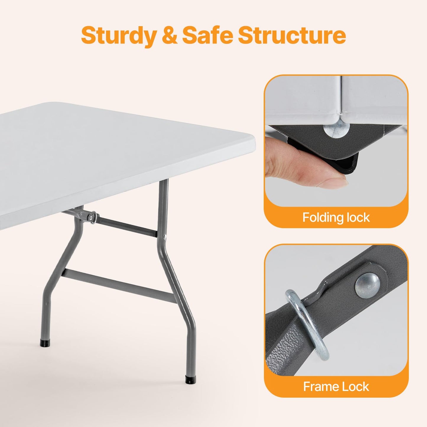 HAPPYMONT 8 Feet Folding Picnic Table, Plastic Table with Carrying Handle, Heavy Duty Portable Table for Camping Party, White