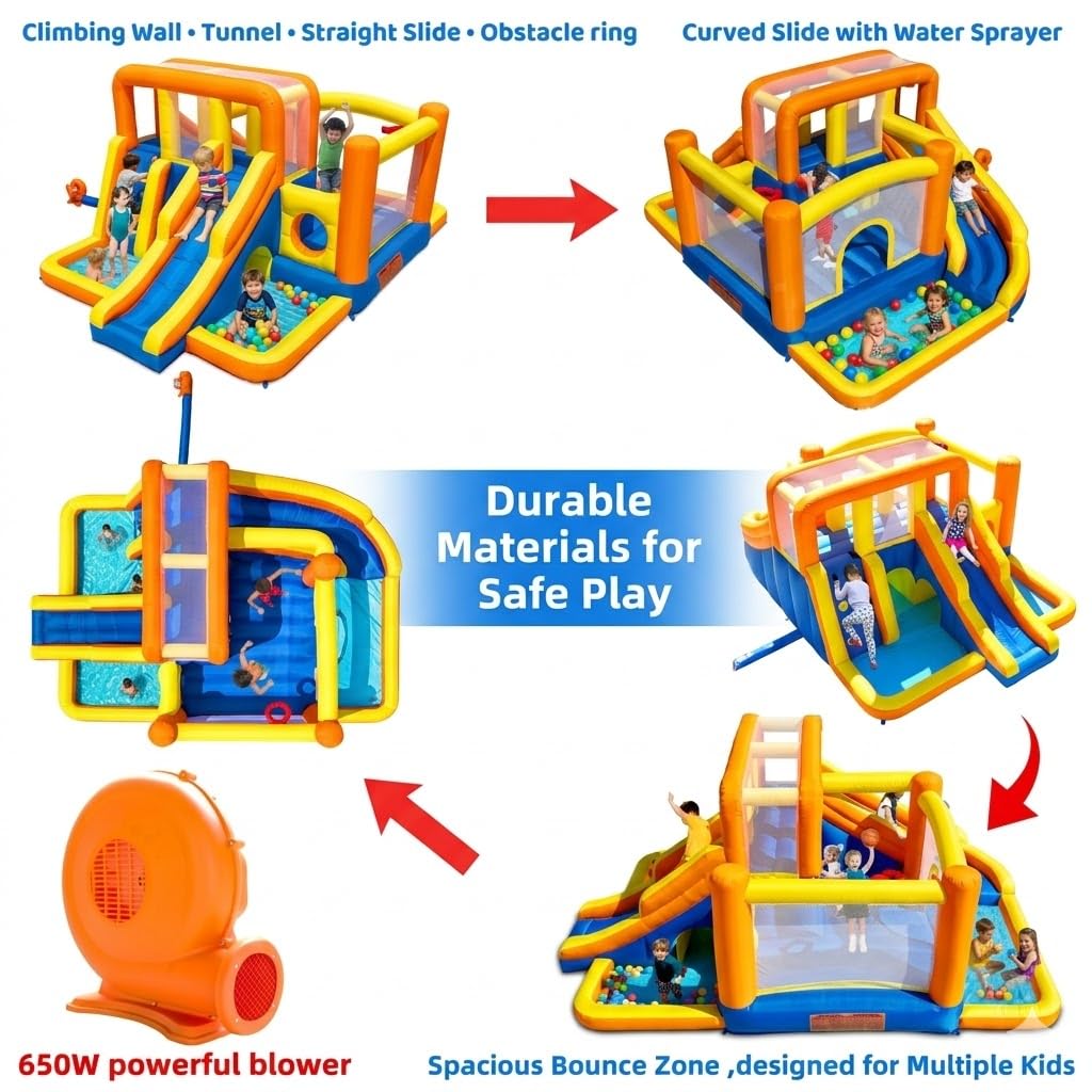 Baralir 16.5x11FT Heavy Duty Bounce House Water Slide Combo for Big Kids, Wet/Dry Split Play Zones, Kids Bounce House with 2 Independent Slides, 2 Climbing Walls & 2 Pools, 2 Crawl Tunnels