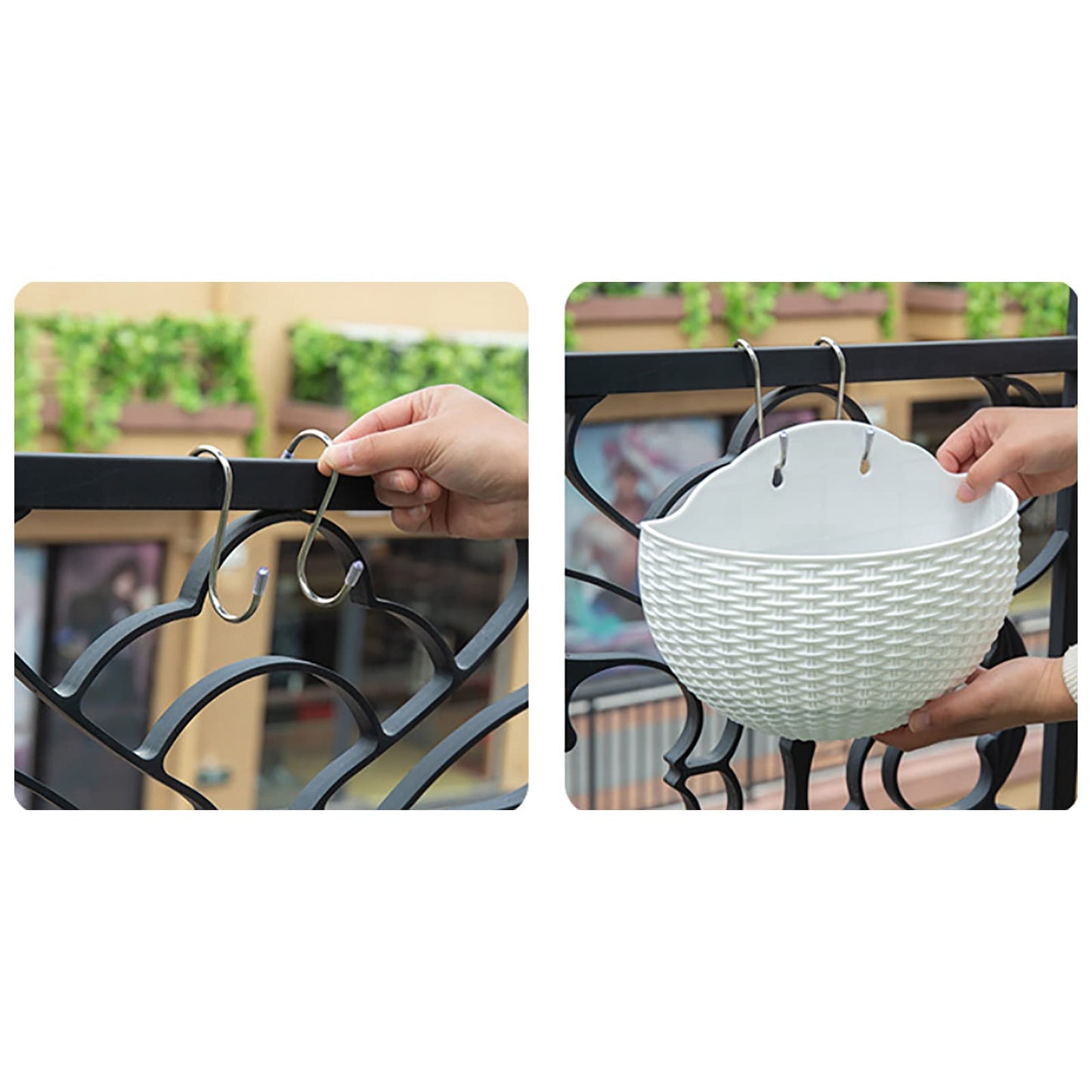 Hanging Planter Pot, Wall and Railing Hanging Planters with S Hooks, Half Round Imitation Rattan European Style Wall Flowerpot Rustic Decorative Flower Basket for Home(#2pcs 21 * 16.5cm Dark Green)