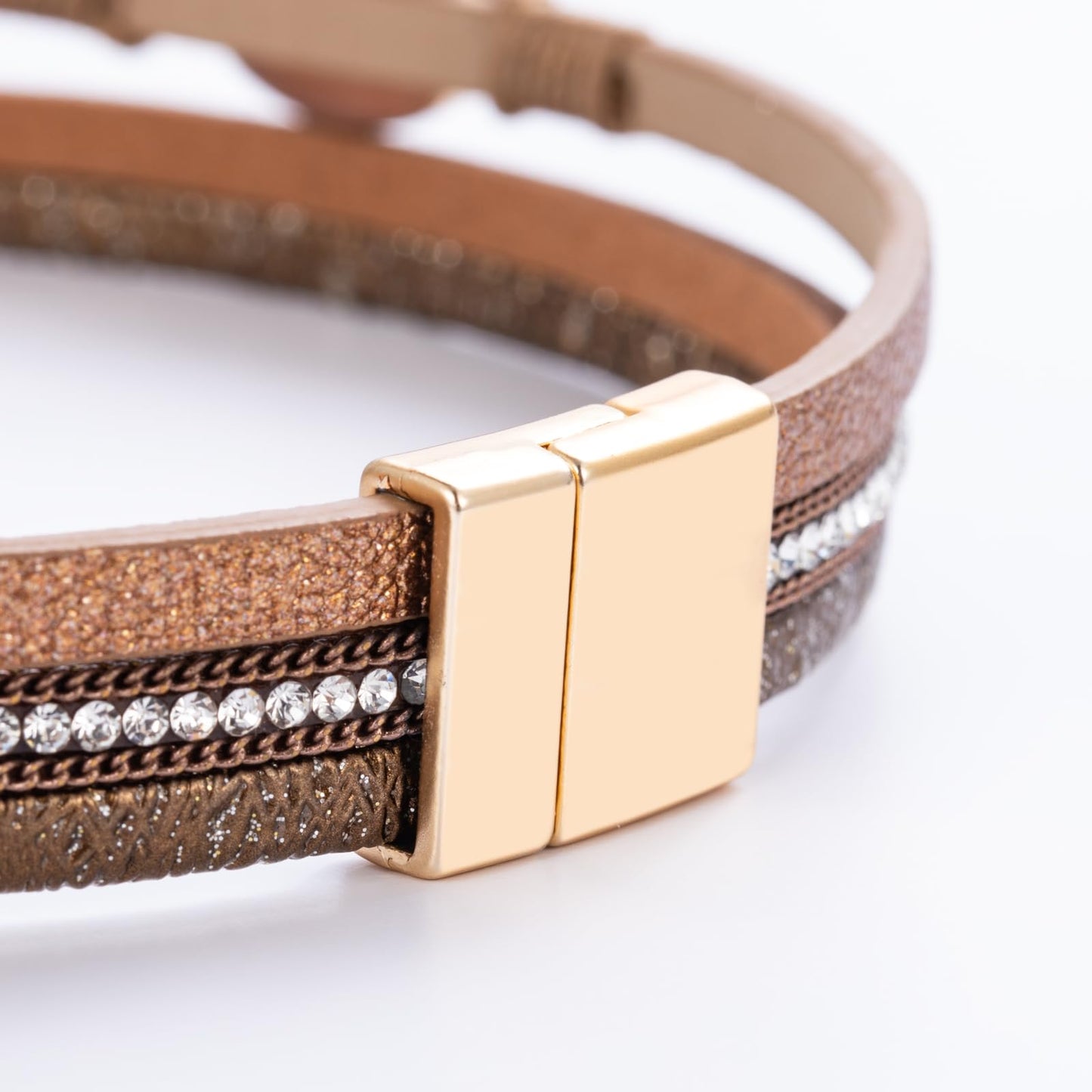 FANCY SHINY Boho Leather Wrap Bracelet Stackable Chunky Crystal Cuff Bracelets with Magnetic Clasp Cowboy Cowgirl Western Summer Beach Outfits Jewelry Gifts for Women (14.7", Brown)
