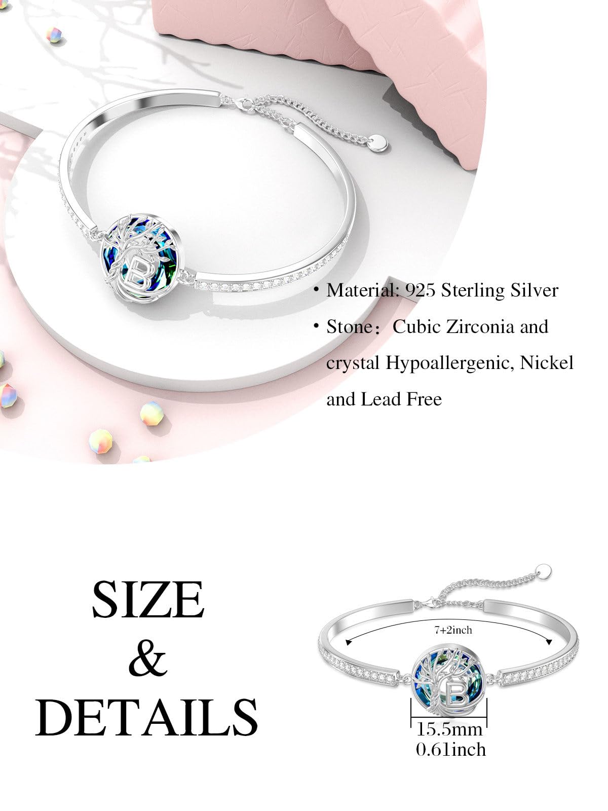 TOUPOP Tree of Life Bracelet Sterling Silver Initial B Letter Bangle Bracelet Family Tree Blue Crystal Jewelry Mothers Day Birthday Gifts for Women Mom Wife