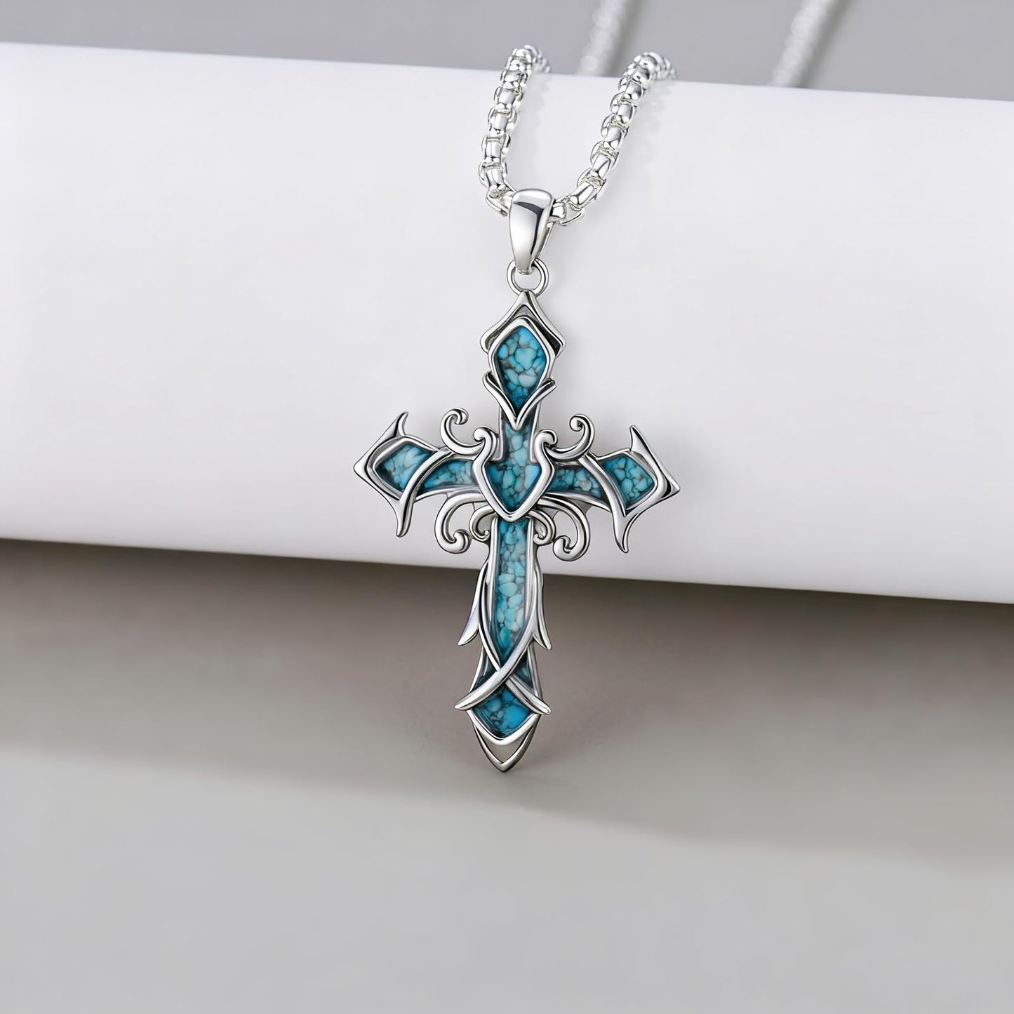 YEESIA Cross Necklace for Men Women, 925 Sterling Silver Cross Pendant Necklace with Turquoise, Christian Jewelry, Gift for Men Women