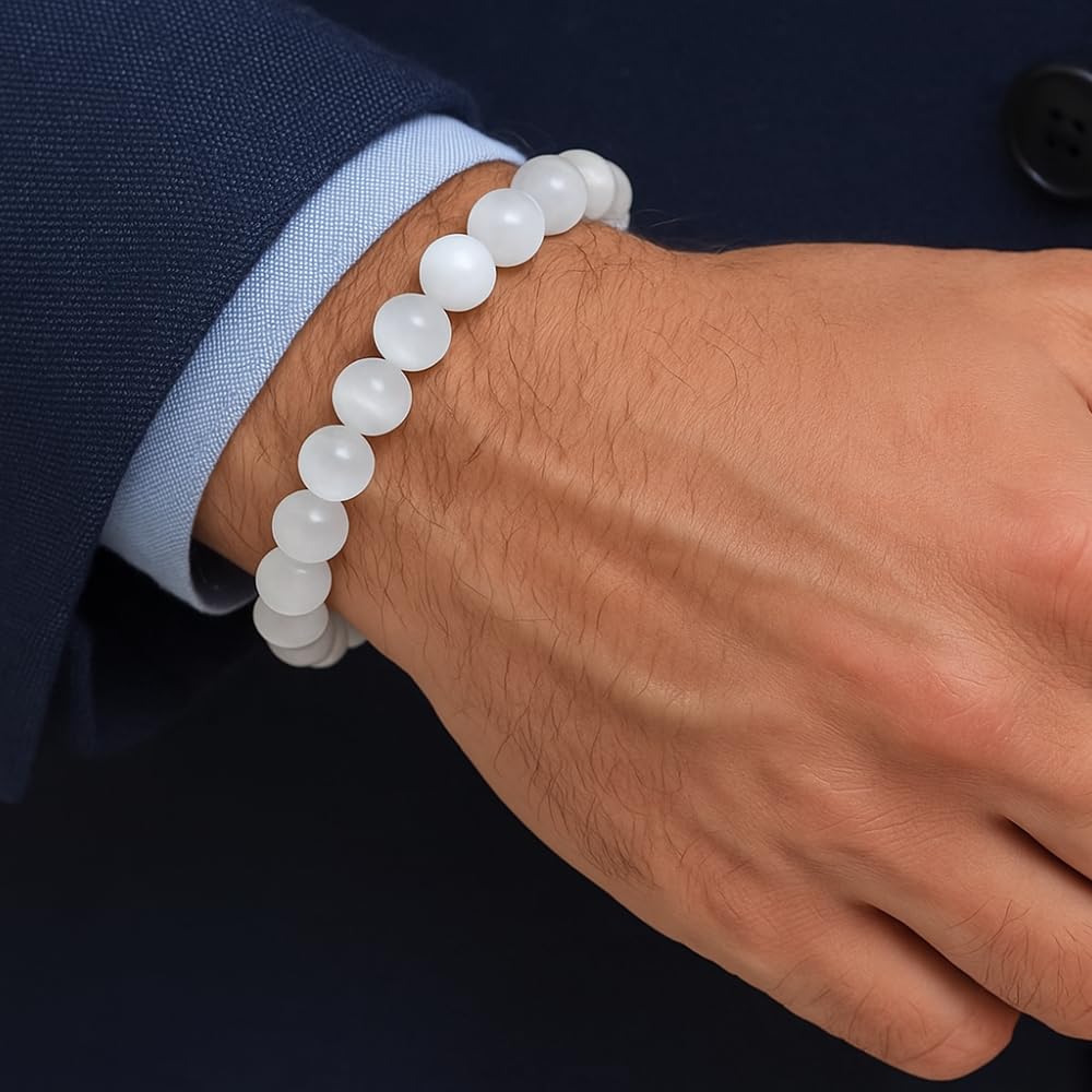 ANAYA AGATE Healing Crystal Bracelet – Chic Gemstone Bracelet for Men and Women – 8mm Round Bead Bracelets for Spiritual Healing, Protection, Positive Energy - Selenite