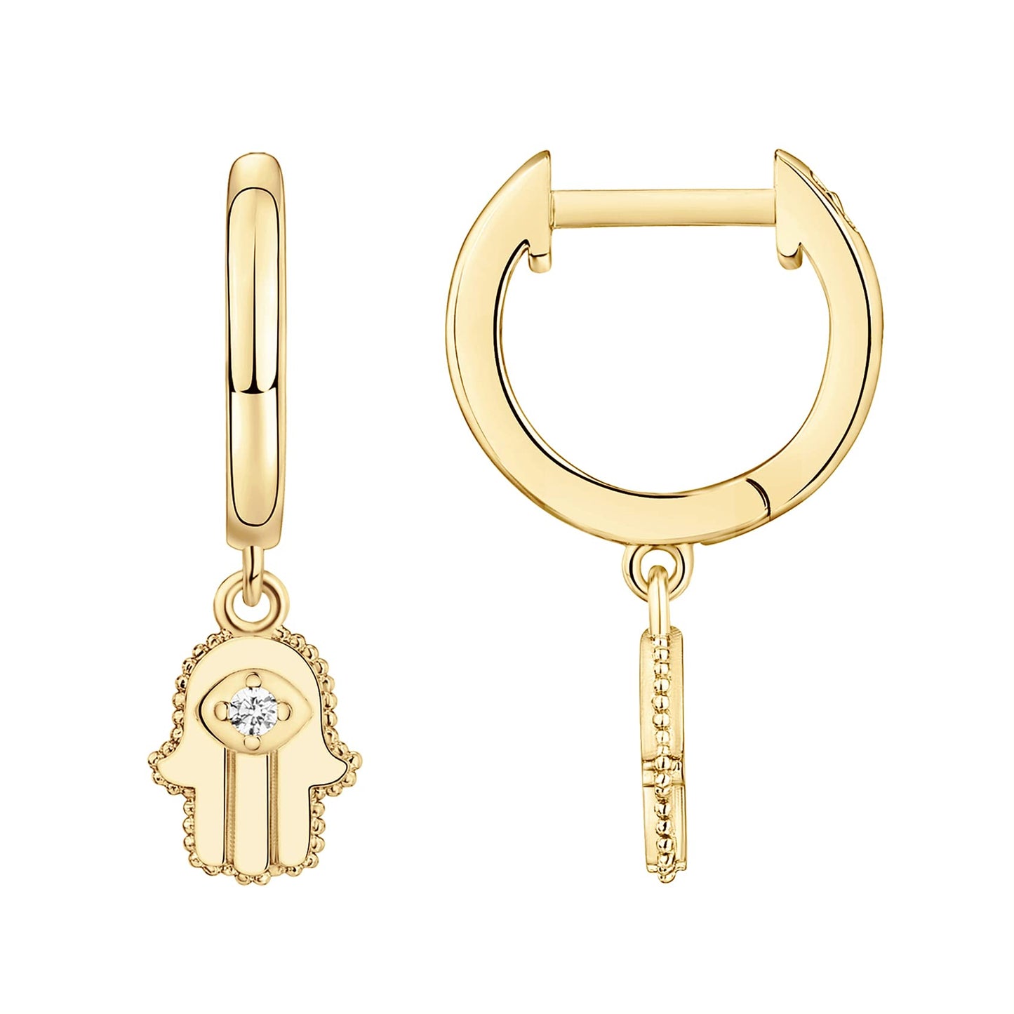 PAVOI 14K Yellow Gold Plated 925 Sterling Silver Post Good Luck Dangle Huggie Hoop Earrings For Women - Trendy Hamsa Drop Hoop Earrings - Cubic Zirconia Small Hinged Huggies
