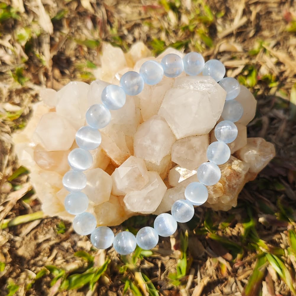 TaHLga Natural Selenite Bracelet 8mm | Aqua Blue | Crown Chakra Crystal with Cat-eye Effect | Handmade Meditation Healing Bracelet for Women Men | Beading Tool Kit - Fits for 6.5-7.5 inch Wrist Size