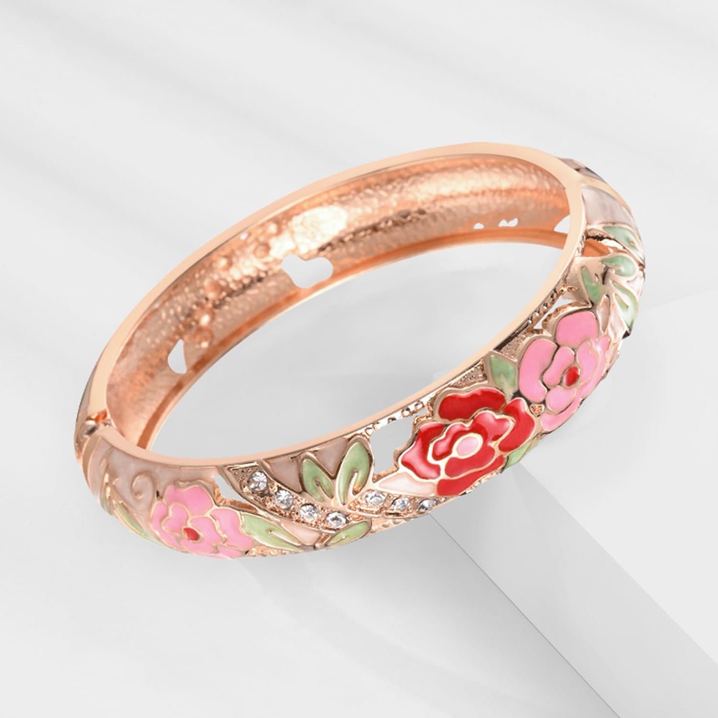 wynameleri Vintage Cloisonne Jewelry Gorgeous Rhinestone Handcrafted Bracelets Enamel Flower Bird Hinged Cuff Bangles Gifts 88C06-55A101 Cream White