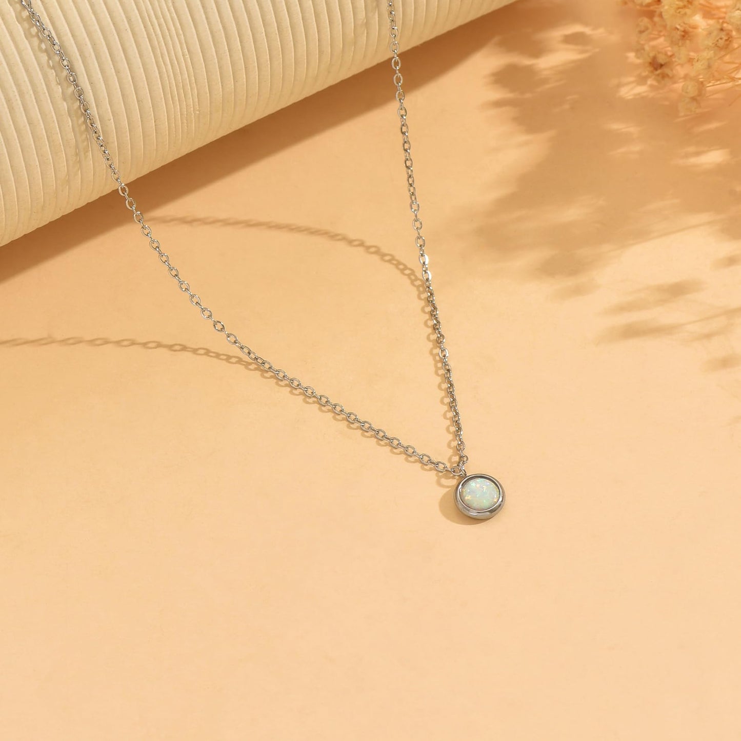 NONAMOIS Stainless Steel White Opal Pendant Necklace for Women Dainty Created Opal Choker Necklace Trendy Non Tarnish Jewelry Gifts