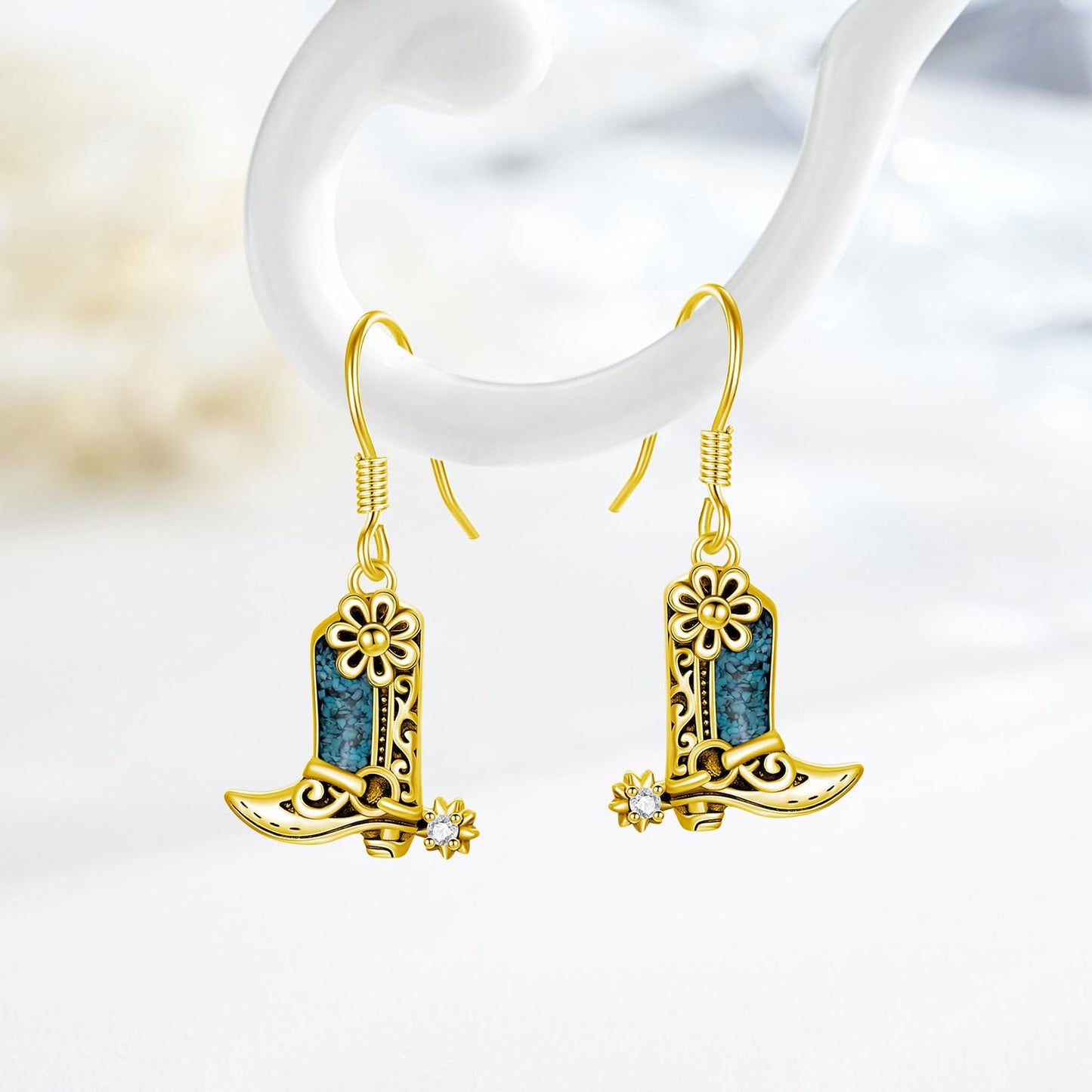 KoyeKei Gold Cowboy Boot Earrings 925 Sterling Silver Cowgirl Texas Boot Dangle Drop Earrings Western Turquoise Jewelry Country Gifts for Women