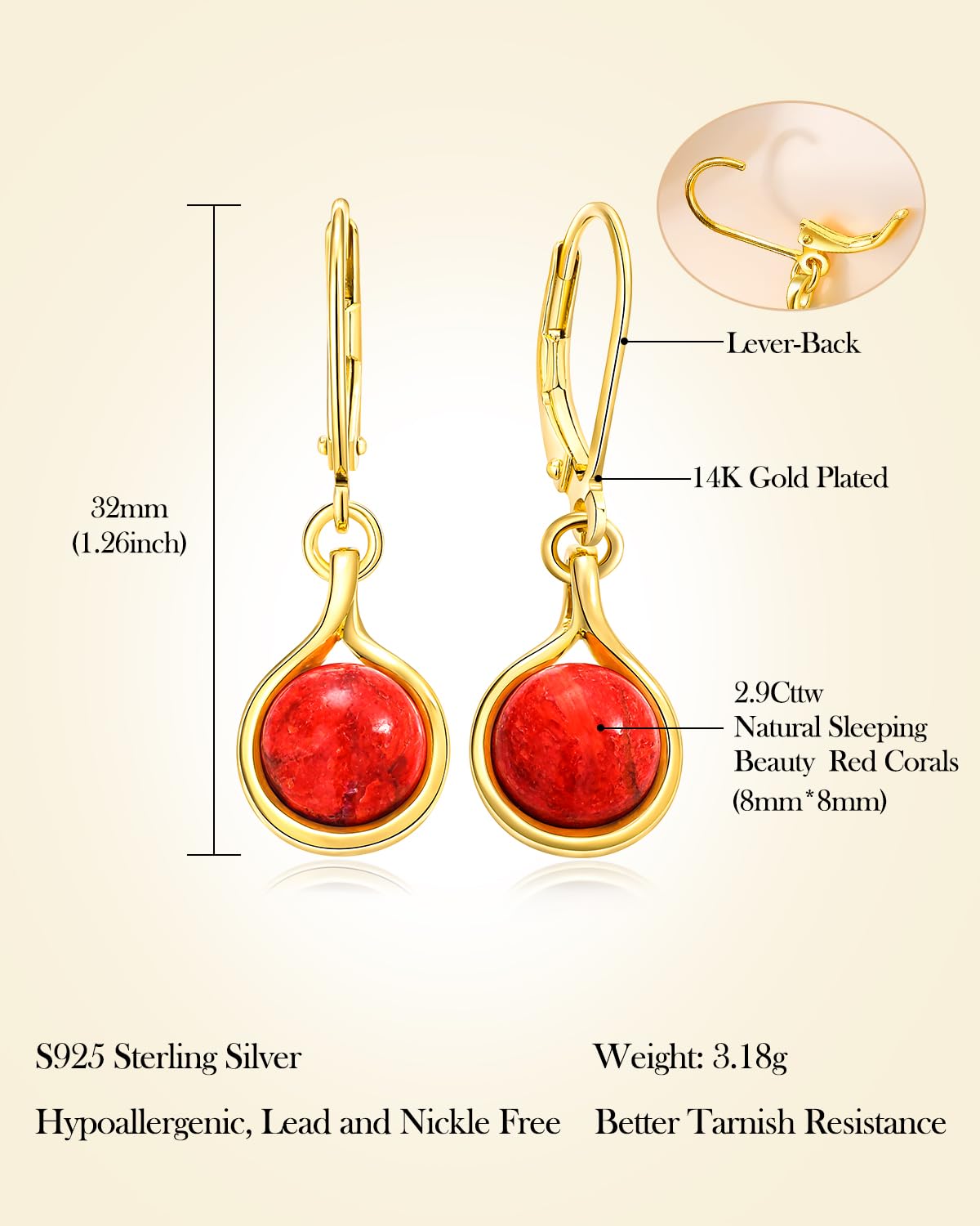 AIBAO Red Coral Earrings for Women Round Cut Red Gemstone Leverback Earrings Western Boho Jewelry Sterling Silver Coral Dangle Earrings