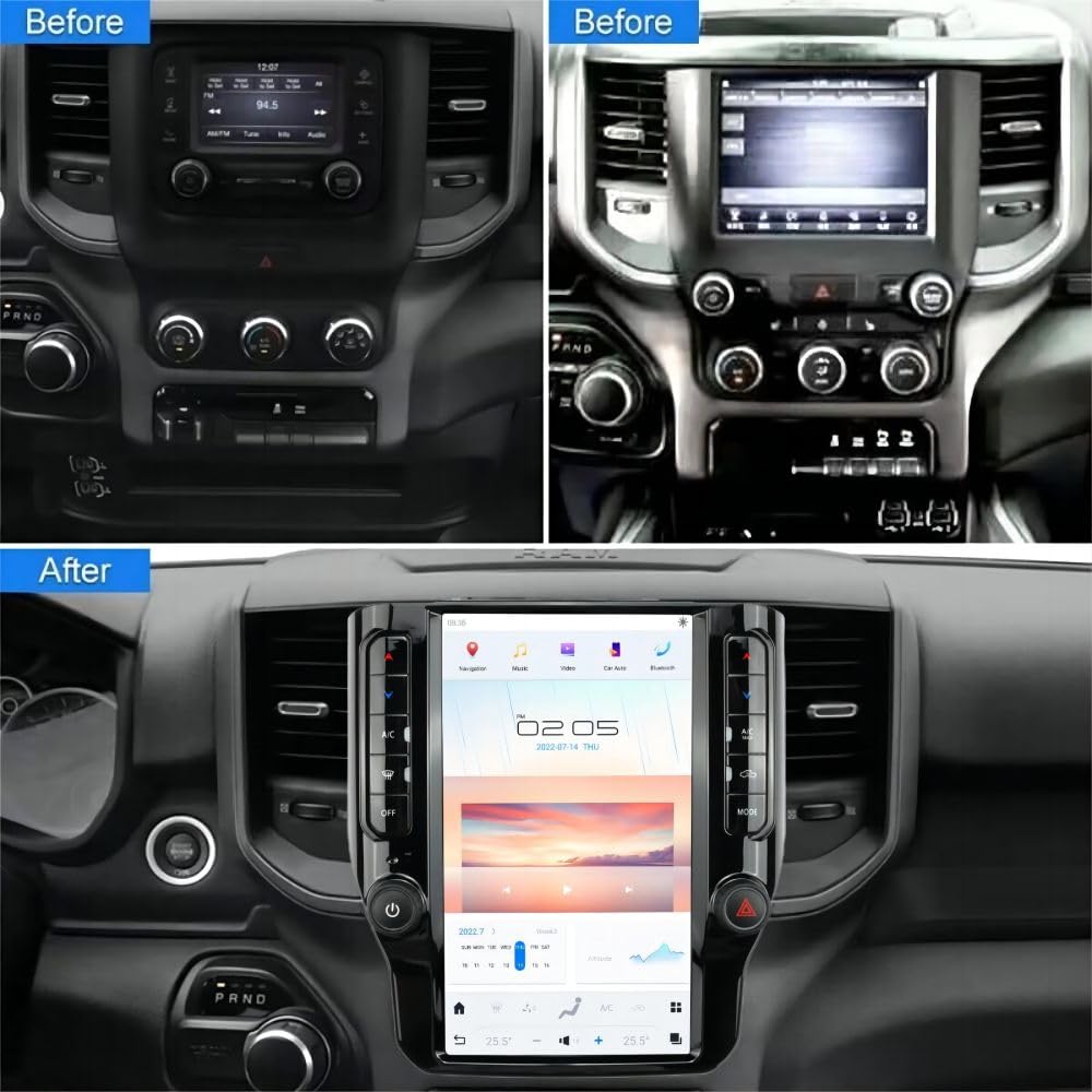 Large Touch Screen Car Navigation Radio for Dodge 2019-2024 RAM 1500 2500 3500，Tesla Style 12.1 Inch，Apple CarPlay GPS Music Video Web Player app Download，and retain All Original Vehicle Functions