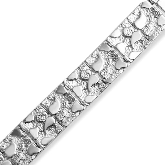 Solid 14k White Gold Large Textured Nugget Bracelet (Size 9)