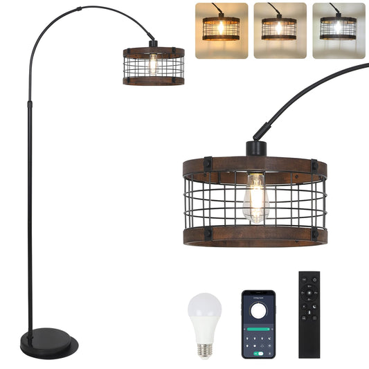 Arc Floor Lamps for Living Room with Remote and Dimmable LED Bulb, Vintage Wood Floor Lamp for Bedroom, Farmhouse Standing Lamp for Corner, Industrial Black Tall Lamp, Over Couch Arched Reading Light