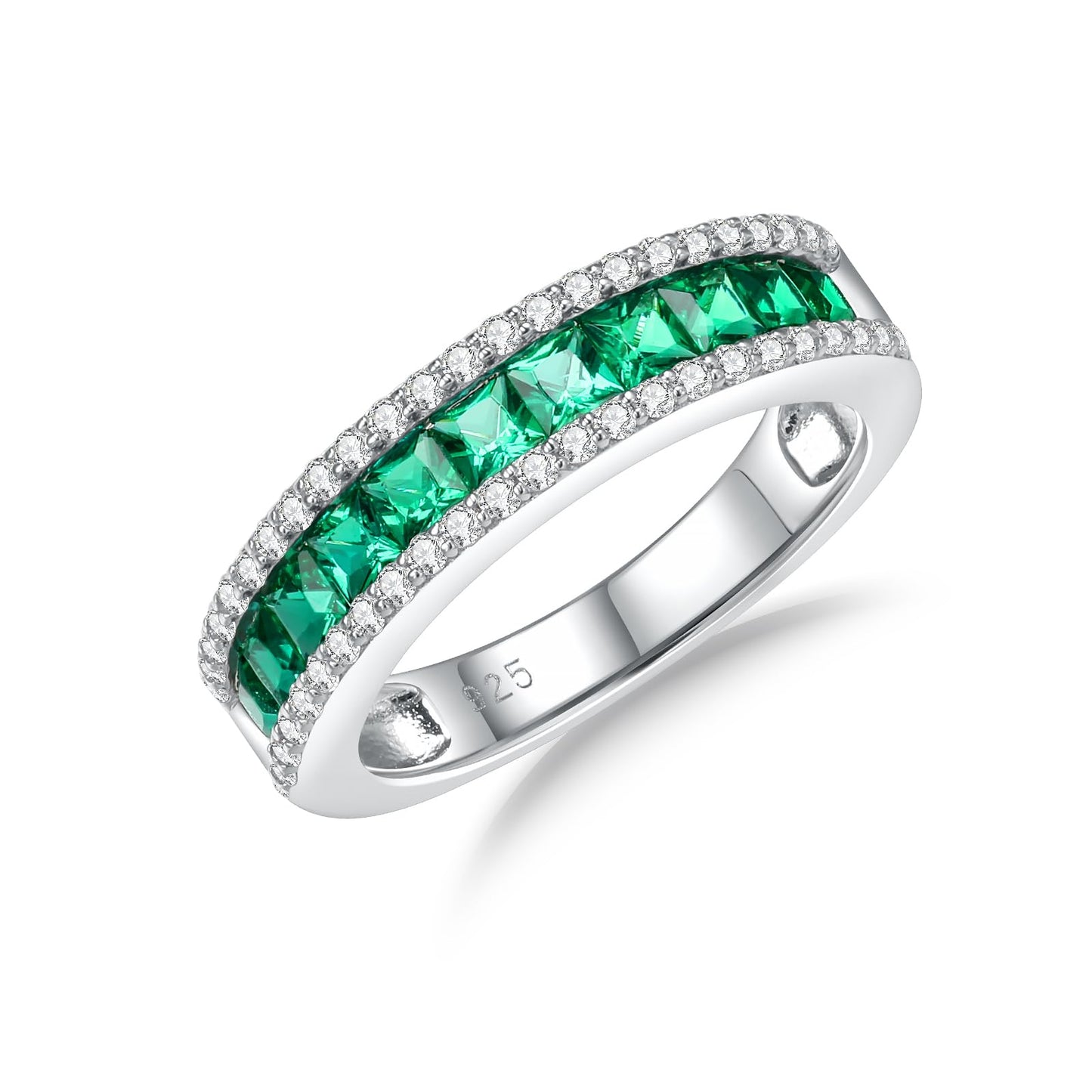RANDES Emerald Rings for Men Women 5mm Half Eternity Bands Sterling Silver Thick Channel Set Anniversary Band May Birthstone Ring Size 10.5