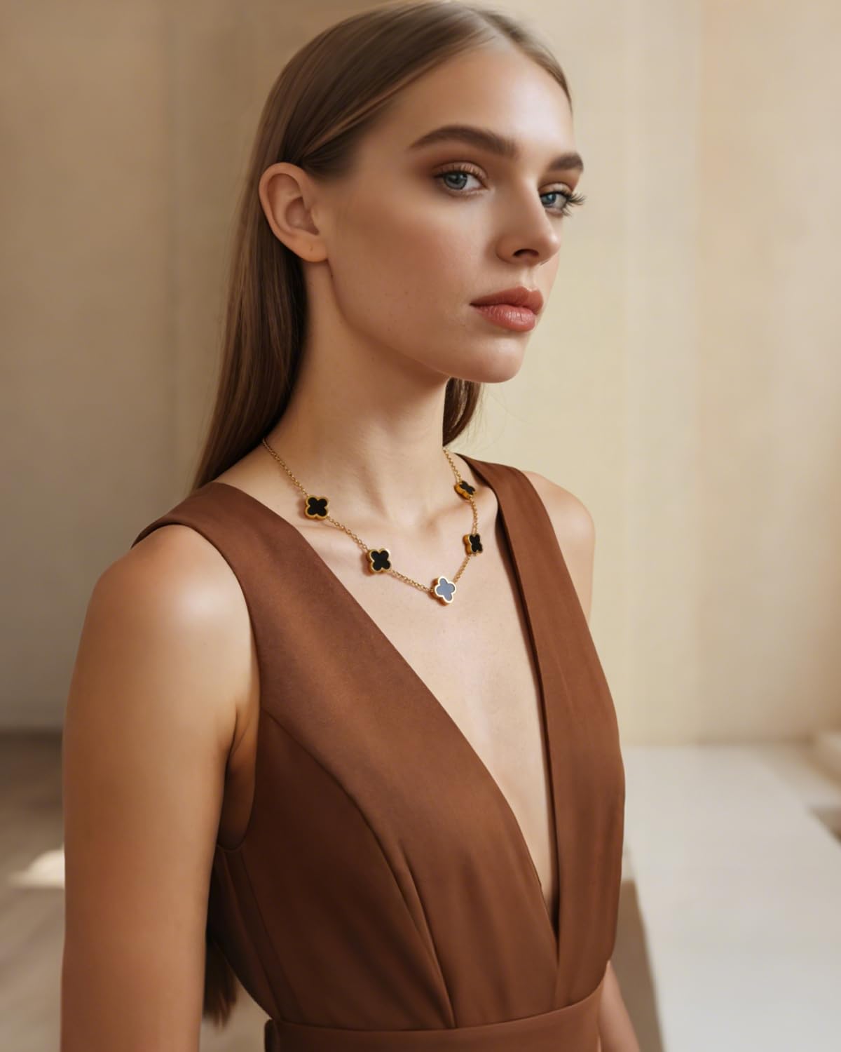 Aimétte Monette 18K Gold Plated Jewelry Set, Clover Necklace and Clover Bracelets Set, Women's Hypoallergenic Black Gold Lucky Clover Bracelet and Necklace Fashion Gifts for Women Trendy