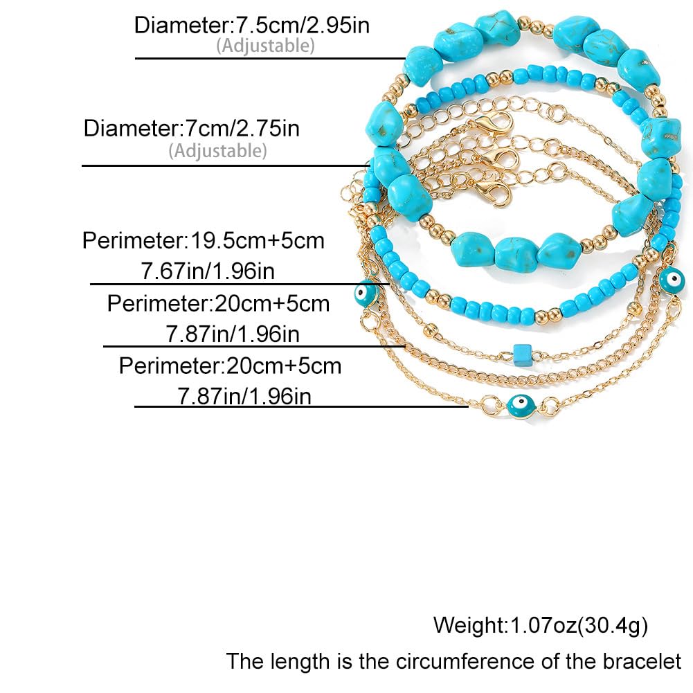 CIWEAI Gold Turquoise Beaded Western Jewelry for Women Fashion Stackable Irregular Turquoise Bead Bracelets Elastic Stack Evil Eyes Bracelet Boho Accessories (AA)