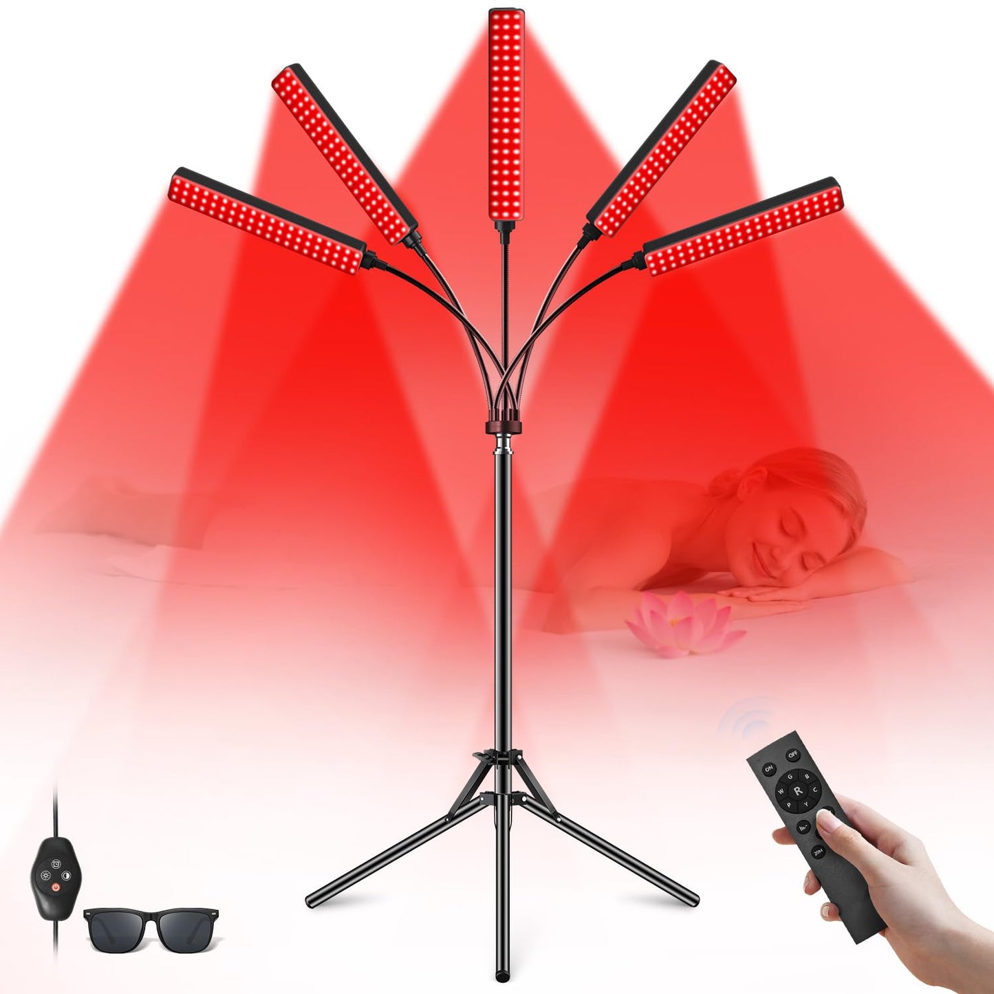 Cholas Red Light Therapy for Face Body, 5 Heads Red Infrared Light Therapy Devices with Stand, 5 Levels Adjustable Brightness 660nm and 850nm Near Infrared Light for Full Body, Muscle Gift for Women
