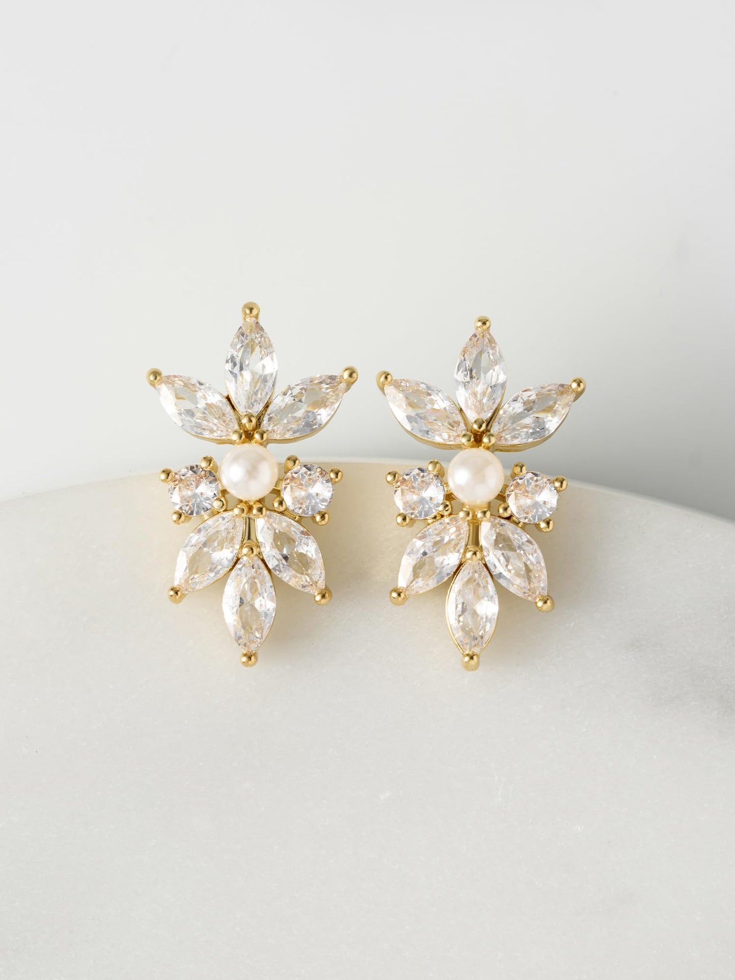 SWEETV Marquise Cubic Zirconia Wedding Bridal Stud Earrings for Brides Bridesmaids, Crystal Pearl Rhinestone Stud Earrings for Women Prom Party Jewelry Gifts (Gold)