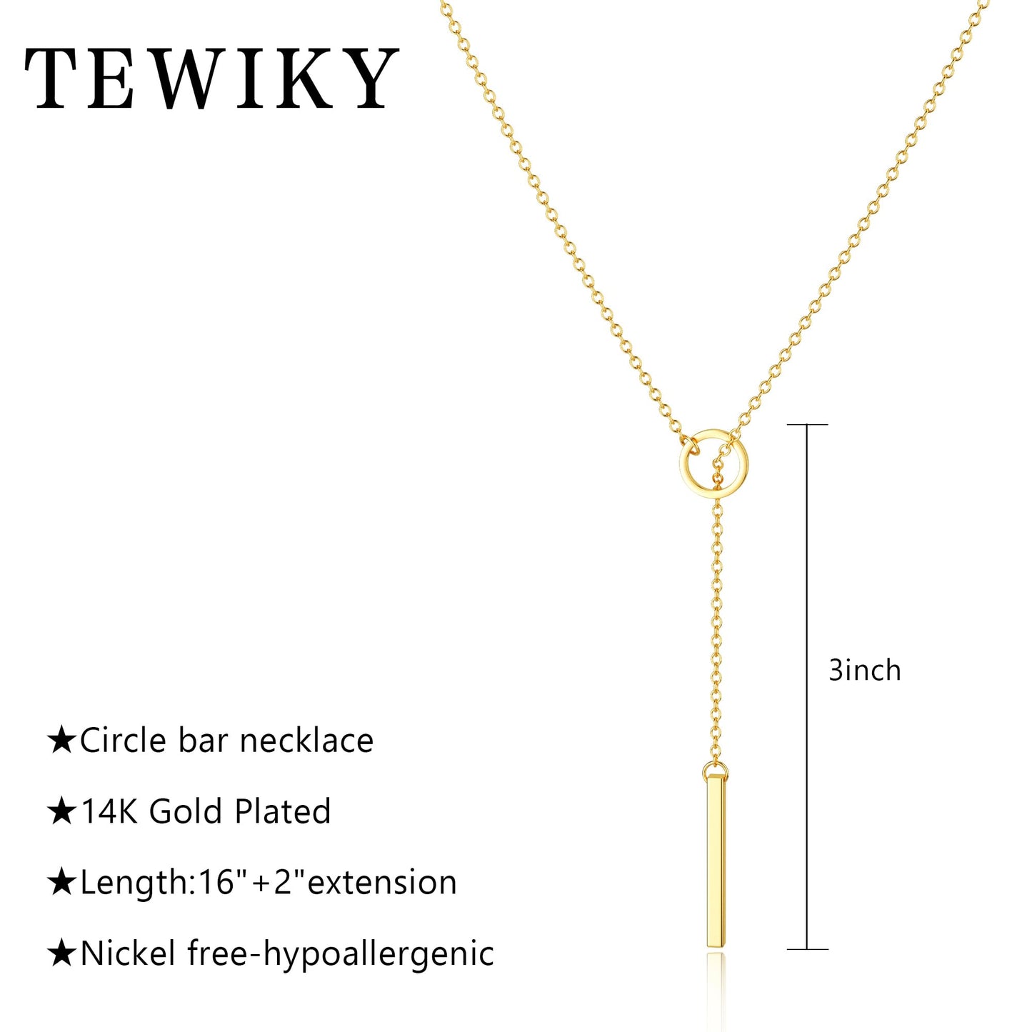 Tewiky Circle Bar Necklace for Women, Dainty Gold Lariat Necklace 14k Gold Drop Y Necklace Simple Gold Necklaces for Women Trendy Delicate Gold Necklaces Aesthetic Jewelry for Women