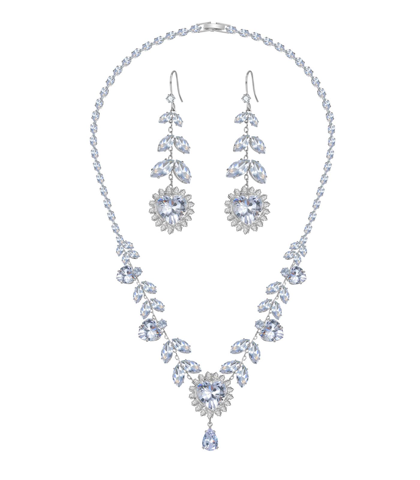 AOROCO Wedding Jewelry Sets for Brides | Sterling Silver Heart Dangle Earrings and Necklace Set with Cubic Zirconia | Wedding Jewelry Sets for Bride and Bridesmaid | Bridal Party Jewelry Accessories
