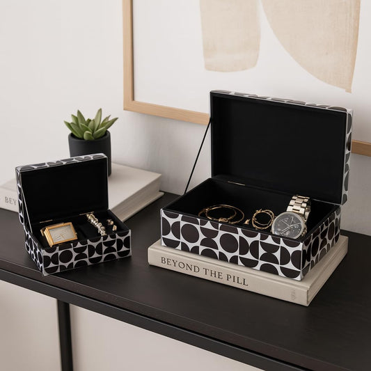 Stylish Glass Decorative Box for Shelf Display - Elegant Storage Box with Lid for Jewelry and Keepsake Boxes - Modern Decorative Boxes for Home Organizer and Decor Accents - Set of 2, 3.75", Black