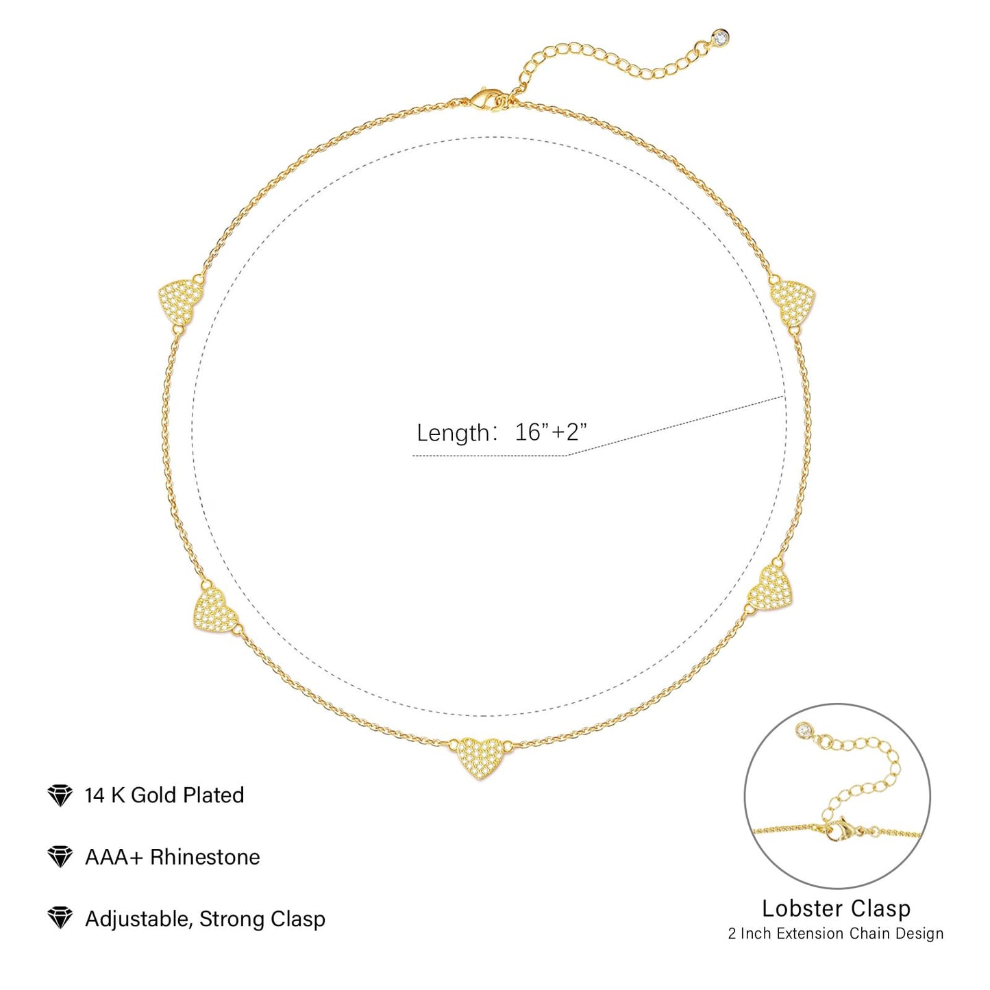 Zeffy CZ Heart Choker 14K Gold Plated Dainty Heart Diamond Charms Necklace Minimalist Trendy Jewelry Gift for Women