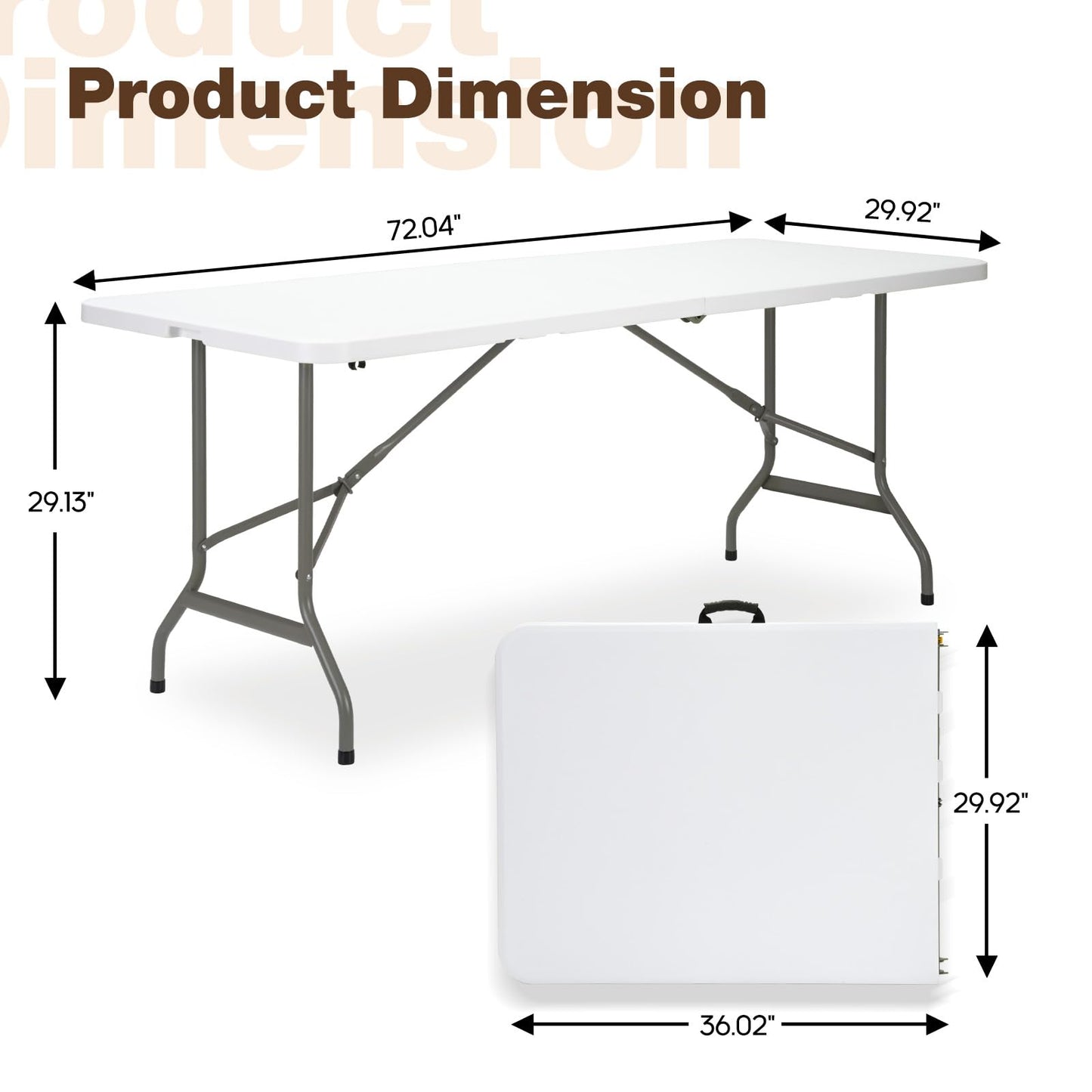 GlowitLian Folding Table 6ft, Heavy-Duty 500lbs Weight Capacity Foldable Table with HDPE Top & Steel Legs, Portable 6 Foot Picnic Table for Indoor Outdoor Parties, Camping, Event
