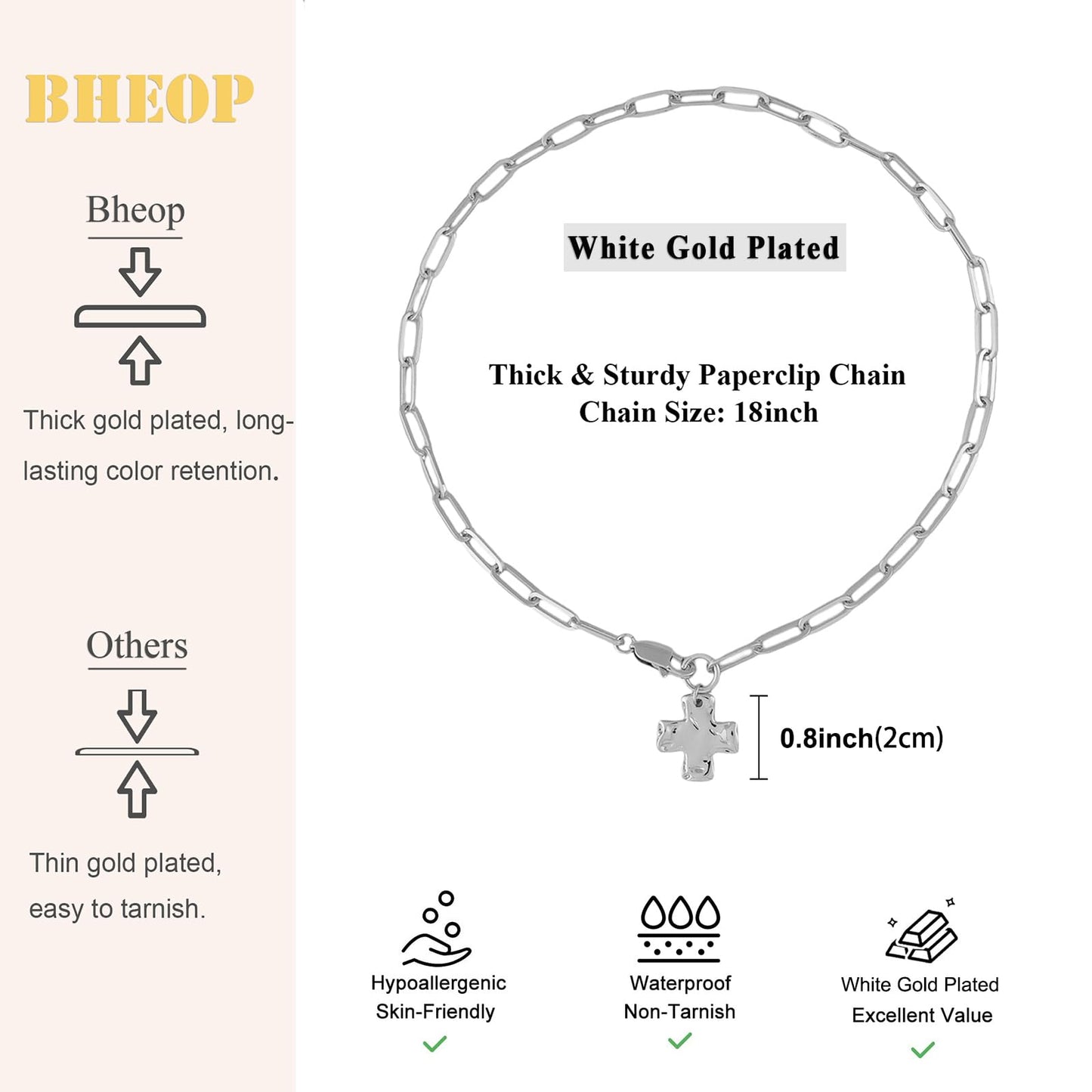 Bheop Chunky Cross Necklace for Women Trendy Silver Statement Cross Pendant Charm Necklace Waterproof Big Paperclip Faith Chain Costume Christian Religious Jewelry Gift Non Tarnish