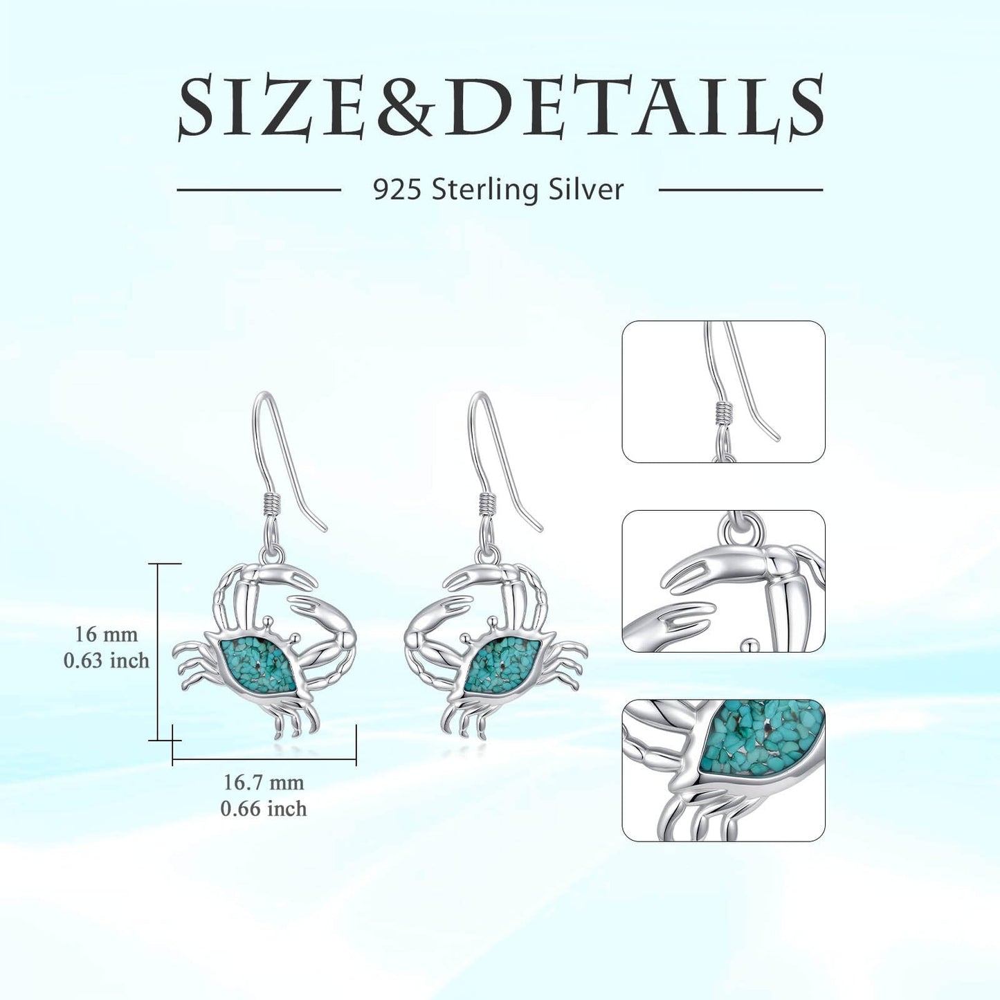HPQQ Crab Earrings 925 Sterling Silver Turquoise Crab Dangle Earrings Ocean Beach Themed Jewelry Mother's Day Jewelry Gifts for Women