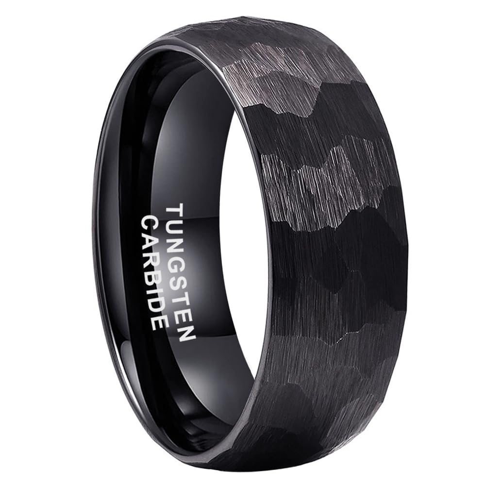TUTISS 8mm Black Hammered Tungsten Rings for Men Women Fashion Engagement Wedding Bands Domed Matte Finish Comfort Fit Size 6