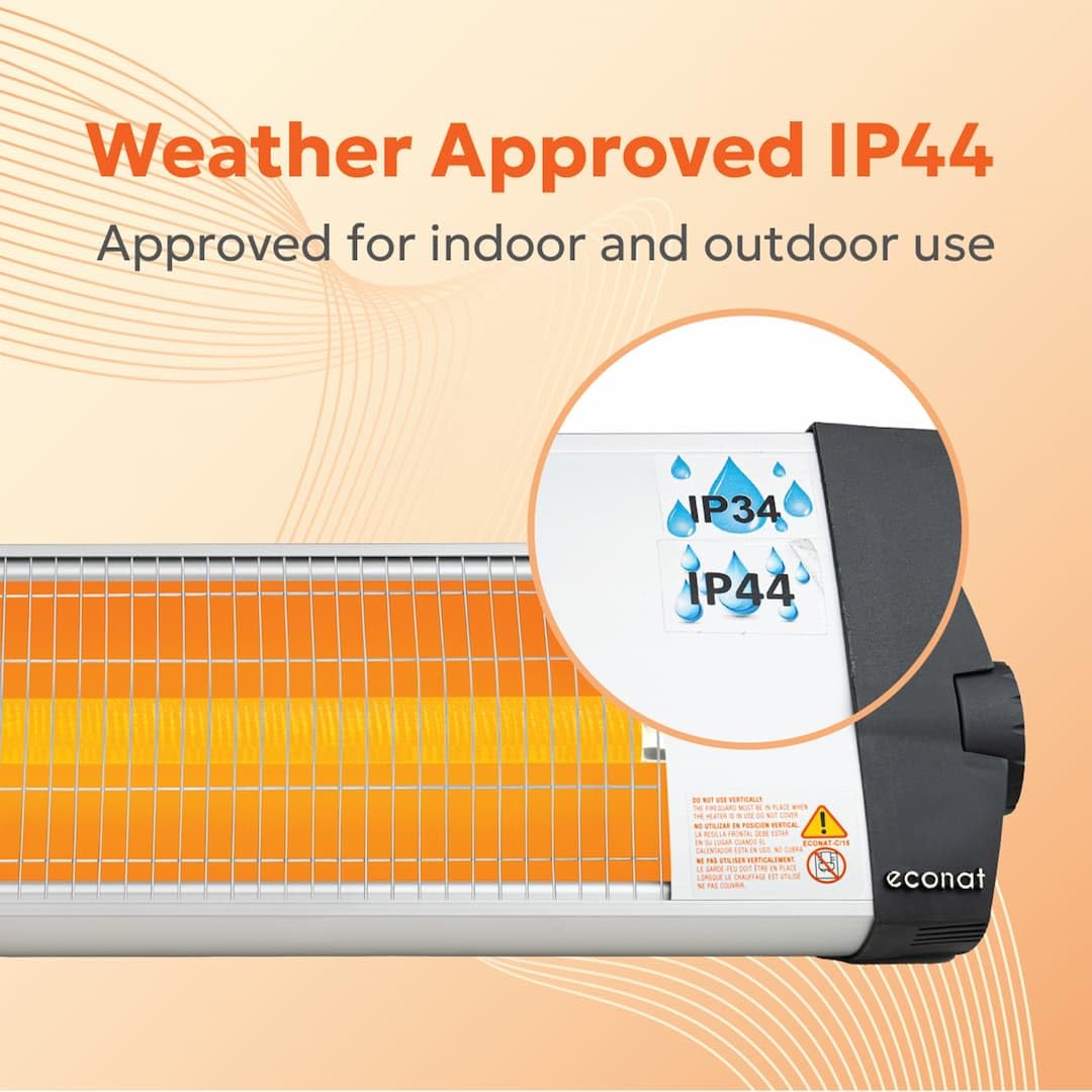 Econat 1500W Infrared Heater, Wall or Ceiling Mount, Indoor/Outdoor Electric Patio Heater, Adjustable Thermostat, Silver