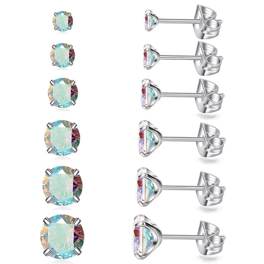 6 Pairs Stud Earrings Set, Hypoallergenic Cubic Zirconia Earrings 316L Stainless Steel CZ Earrings 3-8mm (A-Aurora Borealis CZ)